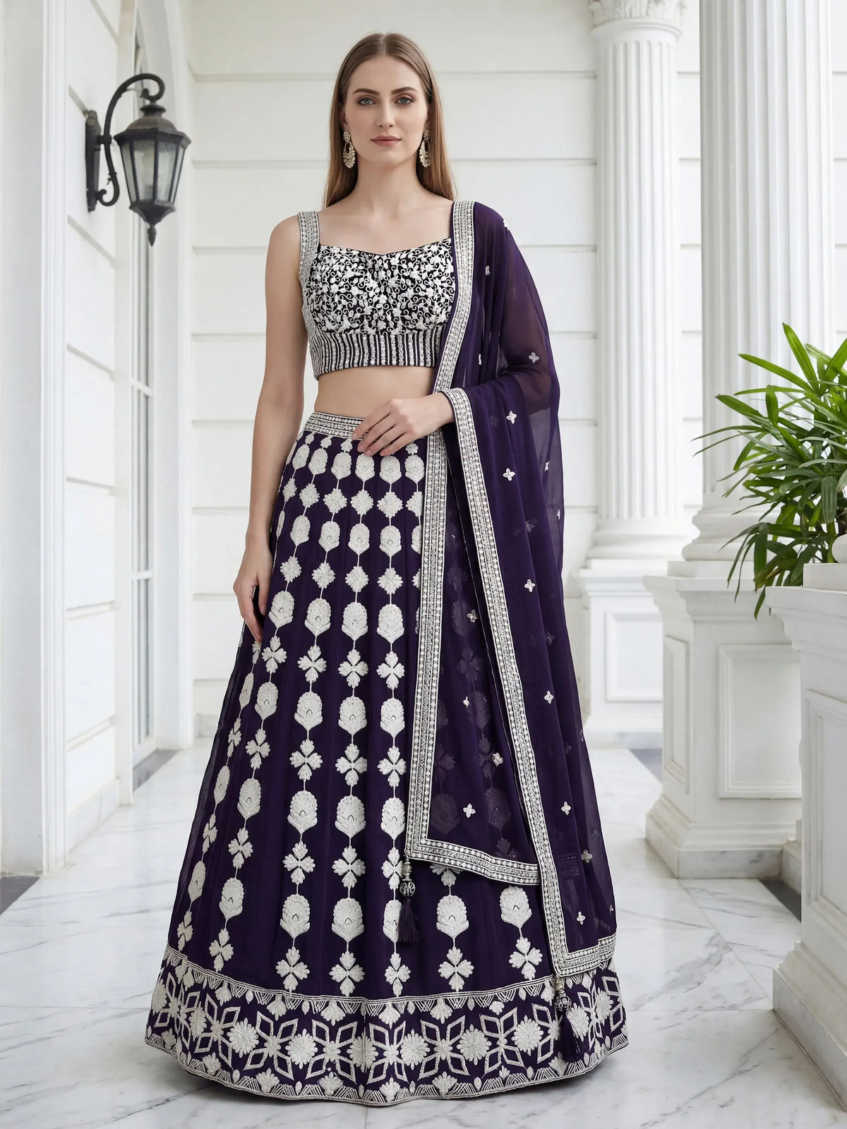 Dazzling Purple Sequins Embroidered Georgette Party Wear Lehenga Choli