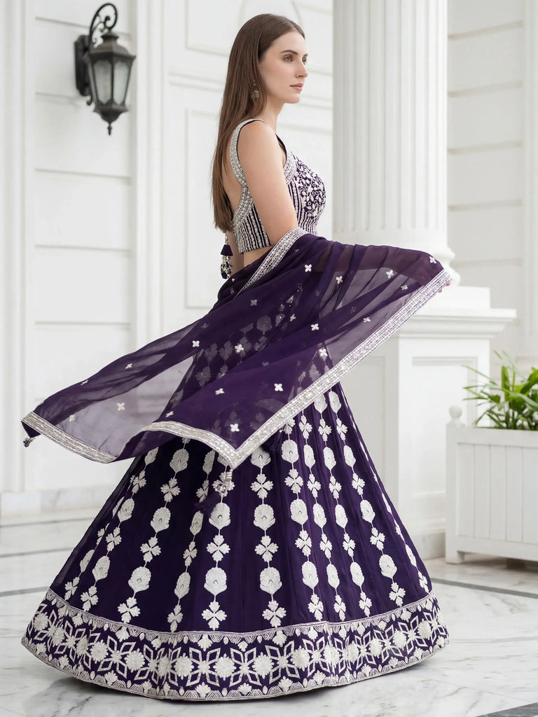 Dazzling Purple Sequins Embroidered Georgette Party Wear Lehenga Choli