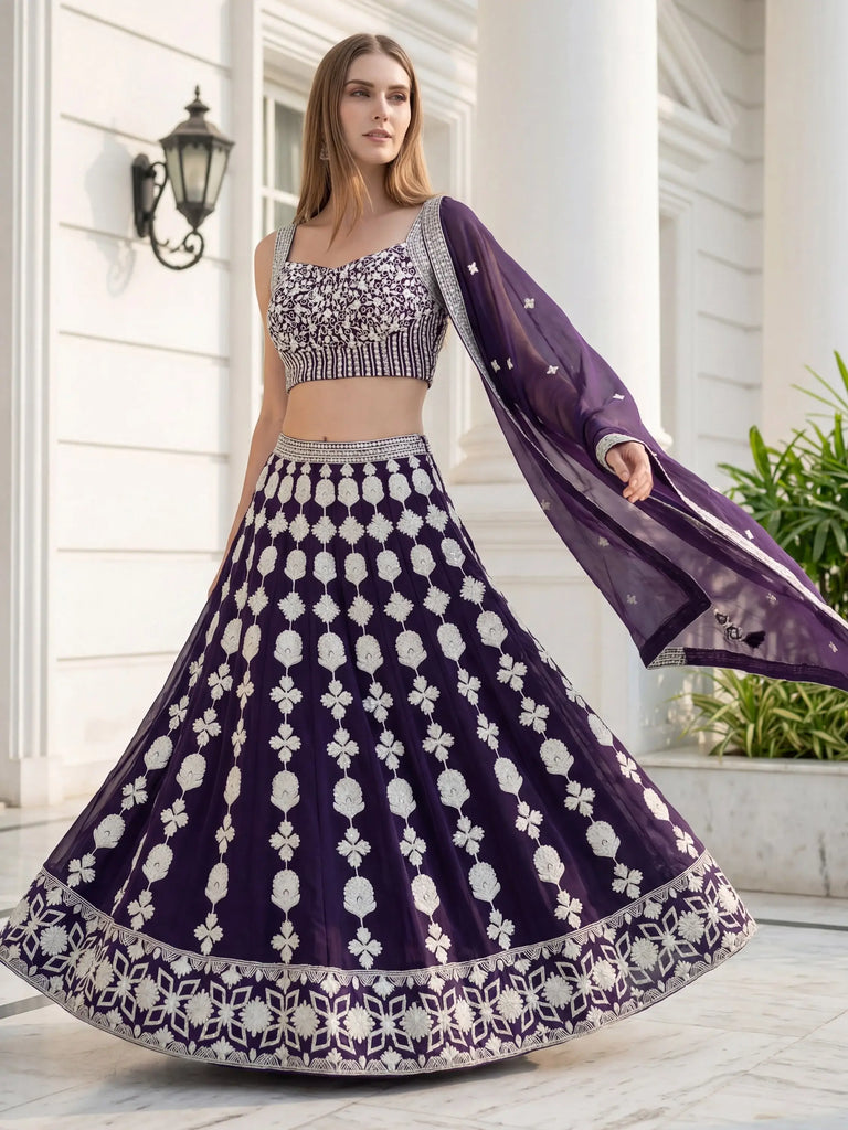 Dazzling Purple Sequins Embroidered Georgette Party Wear Lehenga Choli