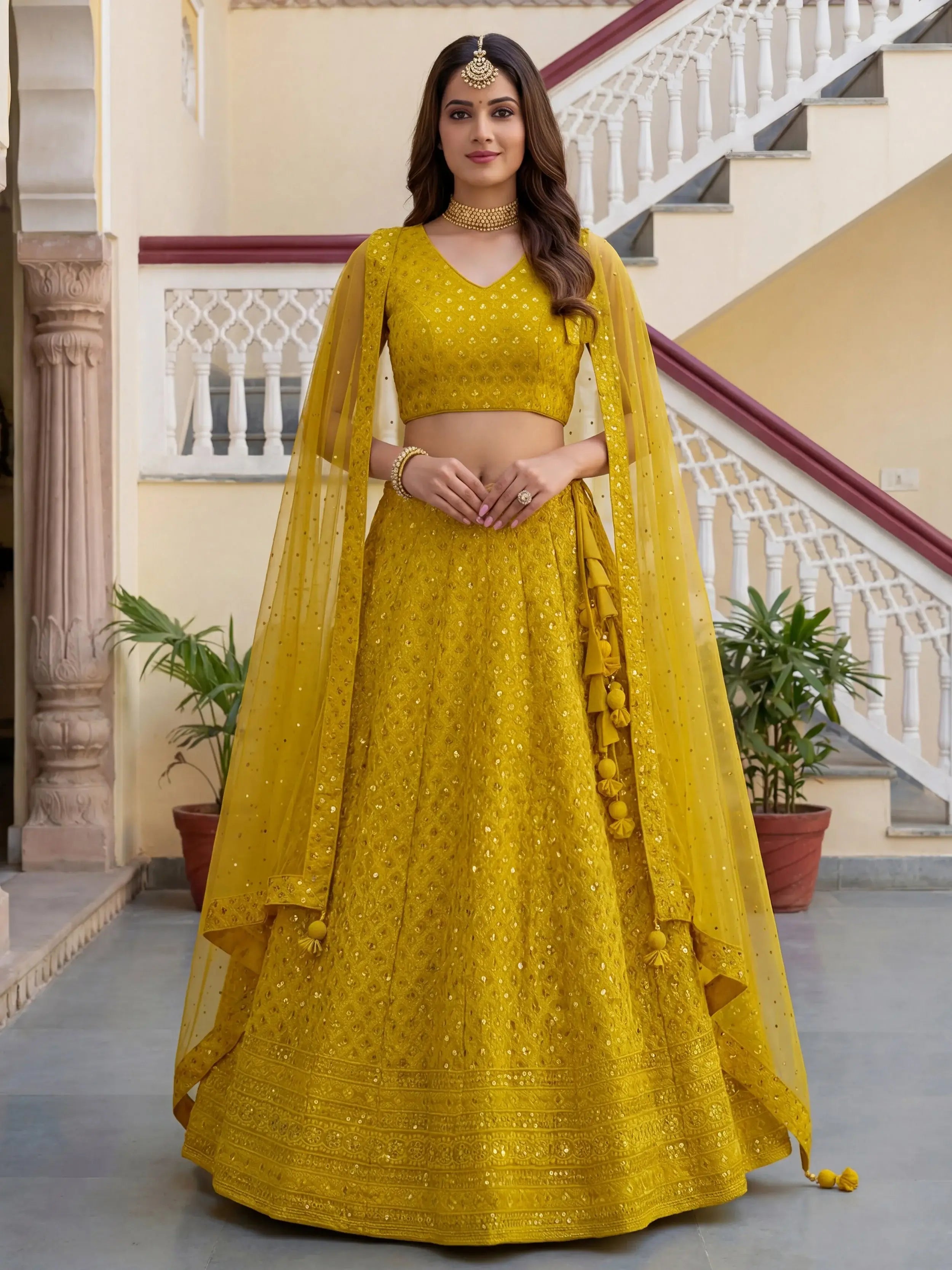 Fantastic Yellow Embroidered Georgette Haldi Wear Lehenga Choli