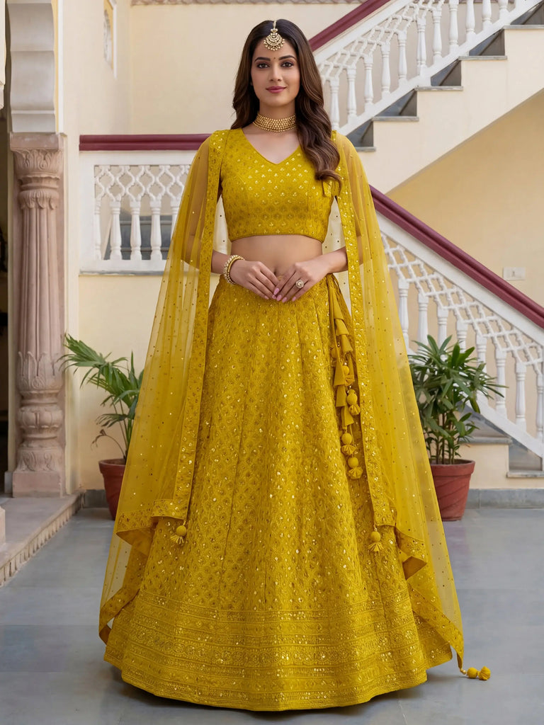 Fantastic Yellow Embroidered Georgette Haldi Wear Lehenga Choli