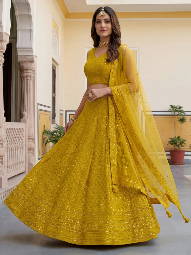 Fantastic Yellow Embroidered Georgette Haldi Wear Lehenga Choli