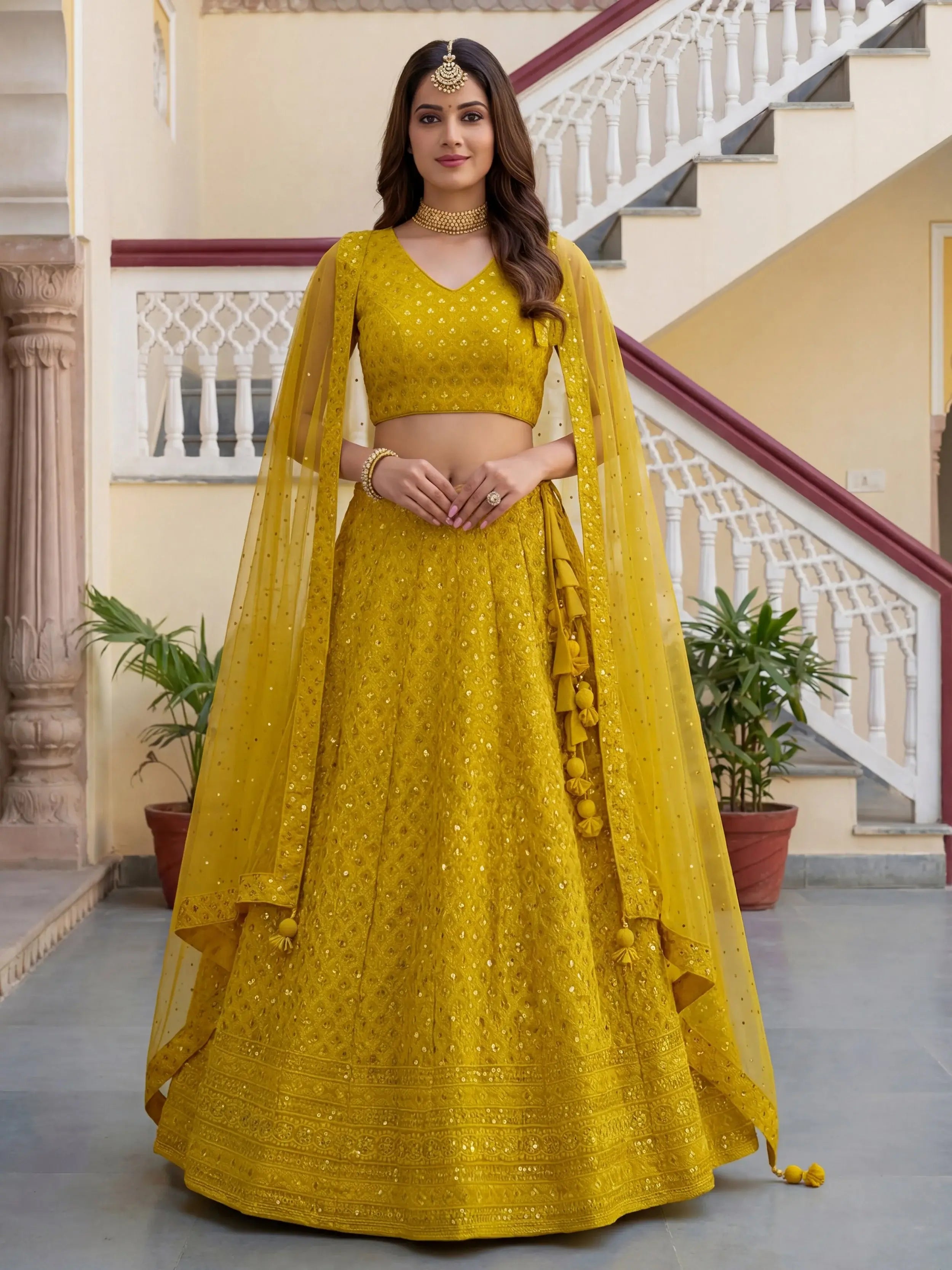 Fantastic Yellow Embroidered Georgette Haldi Wear Lehenga Choli