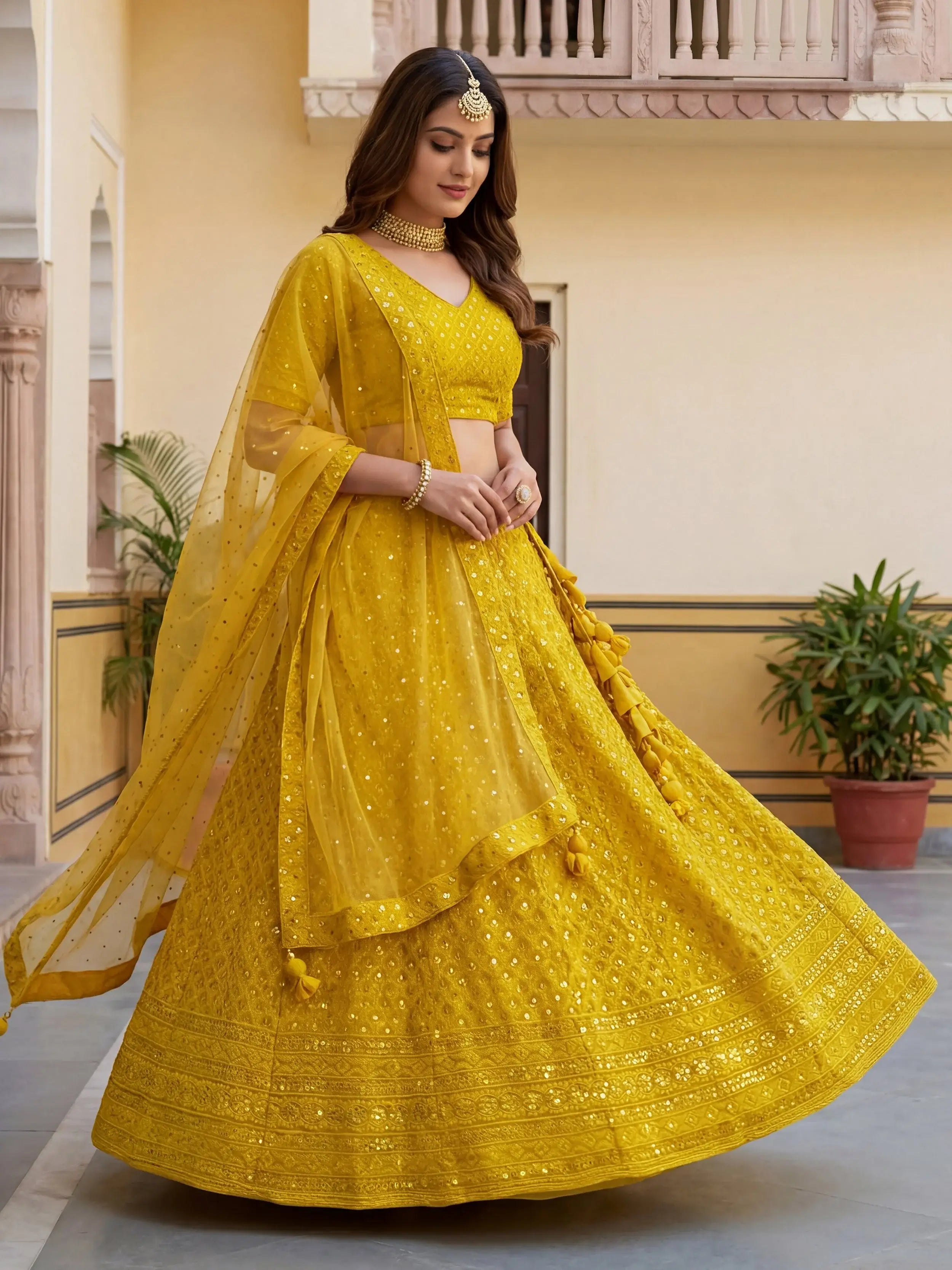 Fantastic Yellow Embroidered Georgette Haldi Wear Lehenga Choli