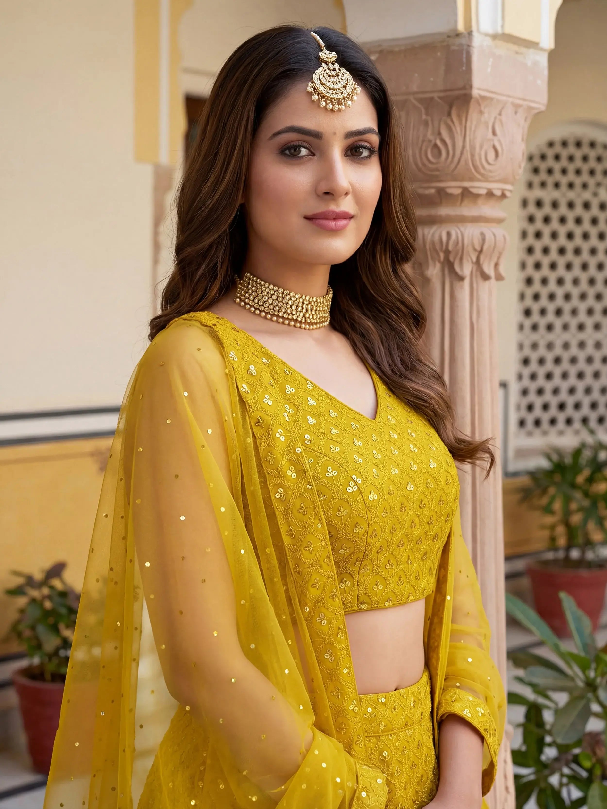 Fantastic Yellow Embroidered Georgette Haldi Wear Lehenga Choli
