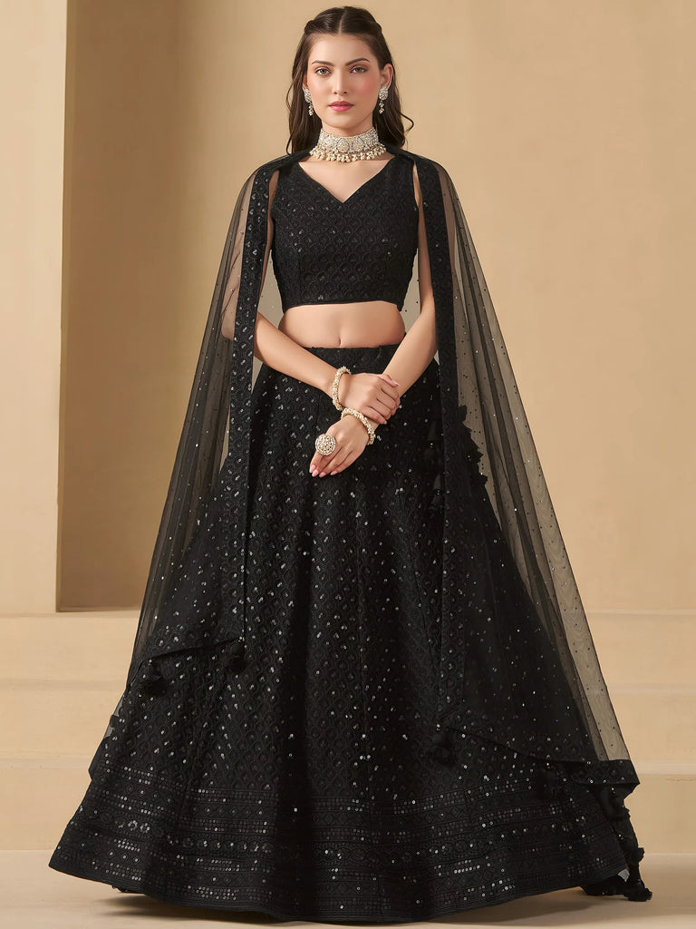 Captivating Black Thread Work Georgette Party Wear Lehenga Choli