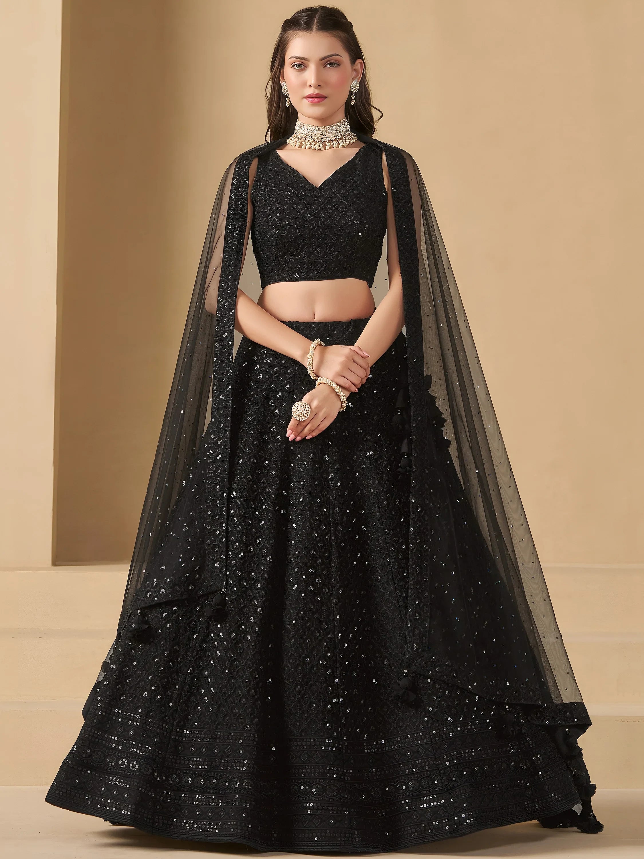 Captivating Black Thread Work Georgette Party Wear Lehenga Choli
