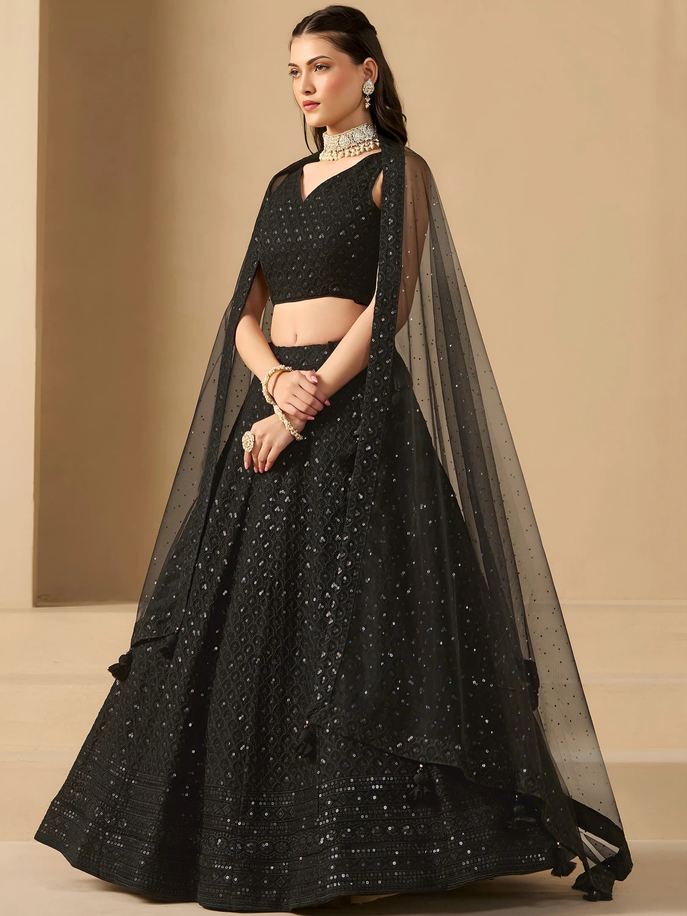 Captivating Black Thread Work Georgette Party Wear Lehenga Choli