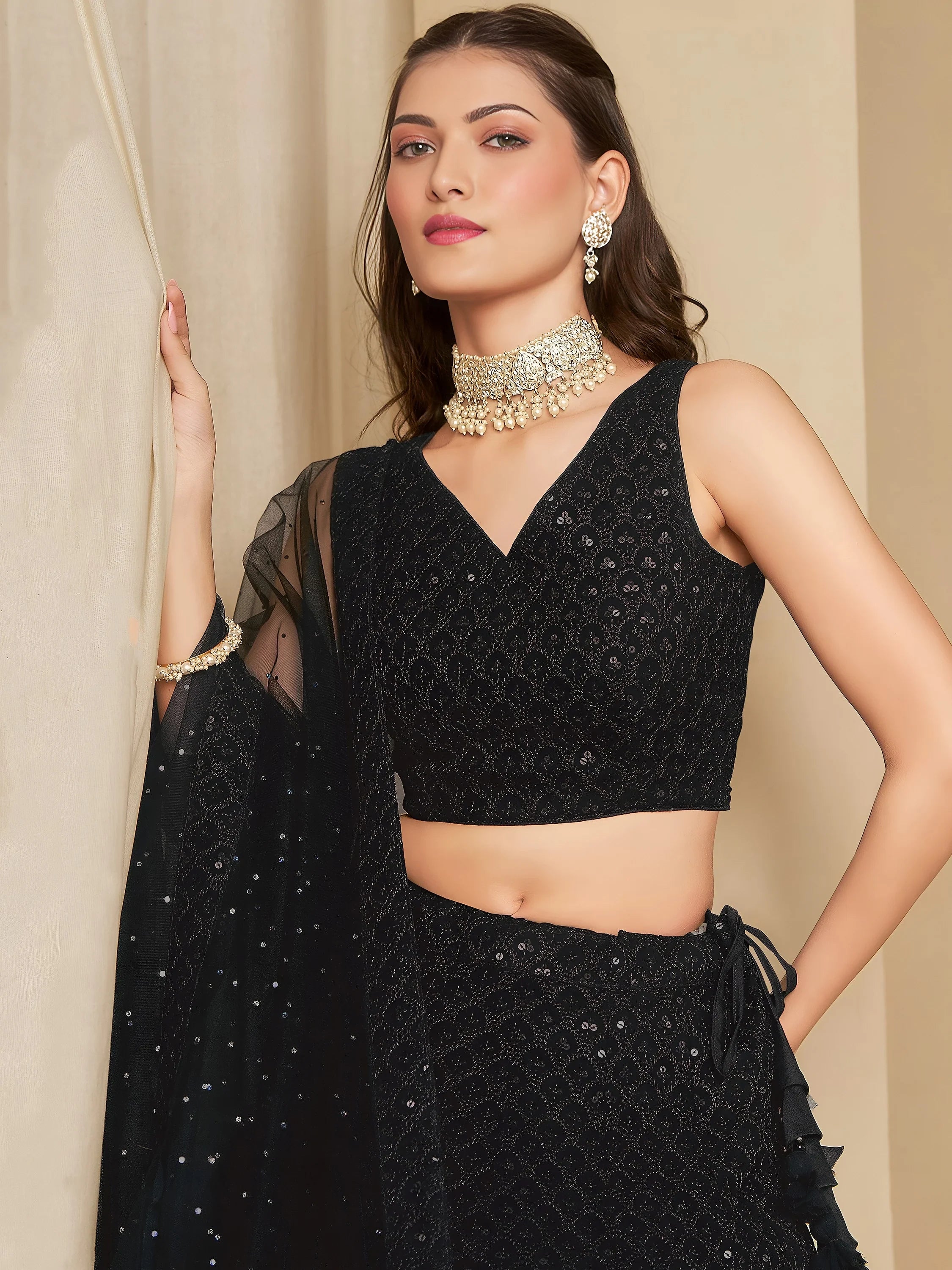 Captivating Black Thread Work Georgette Party Wear Lehenga Choli