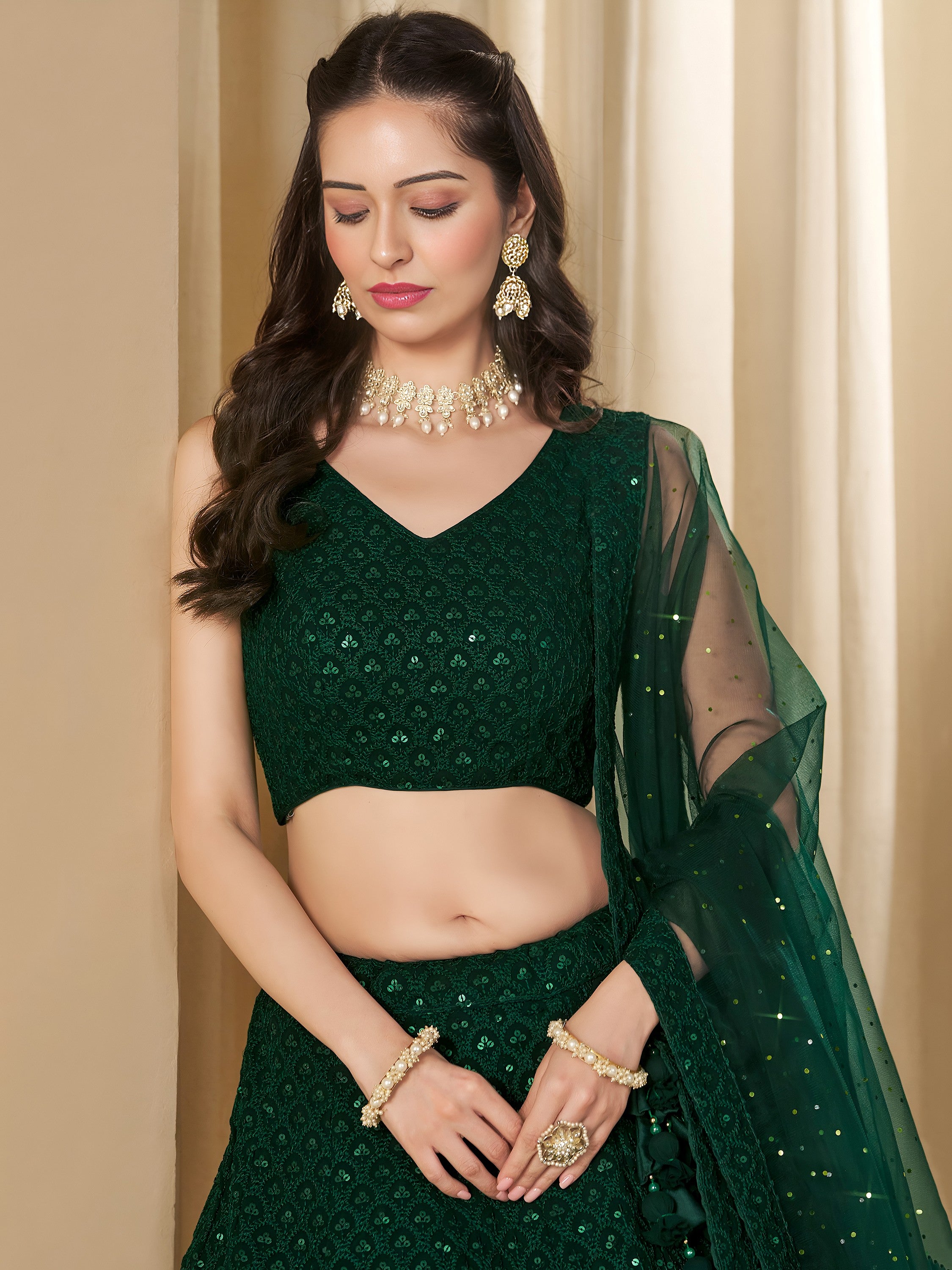 Amazing Bottle Green Sequins Work Georgette Mehendi Wear Lehenga Choli