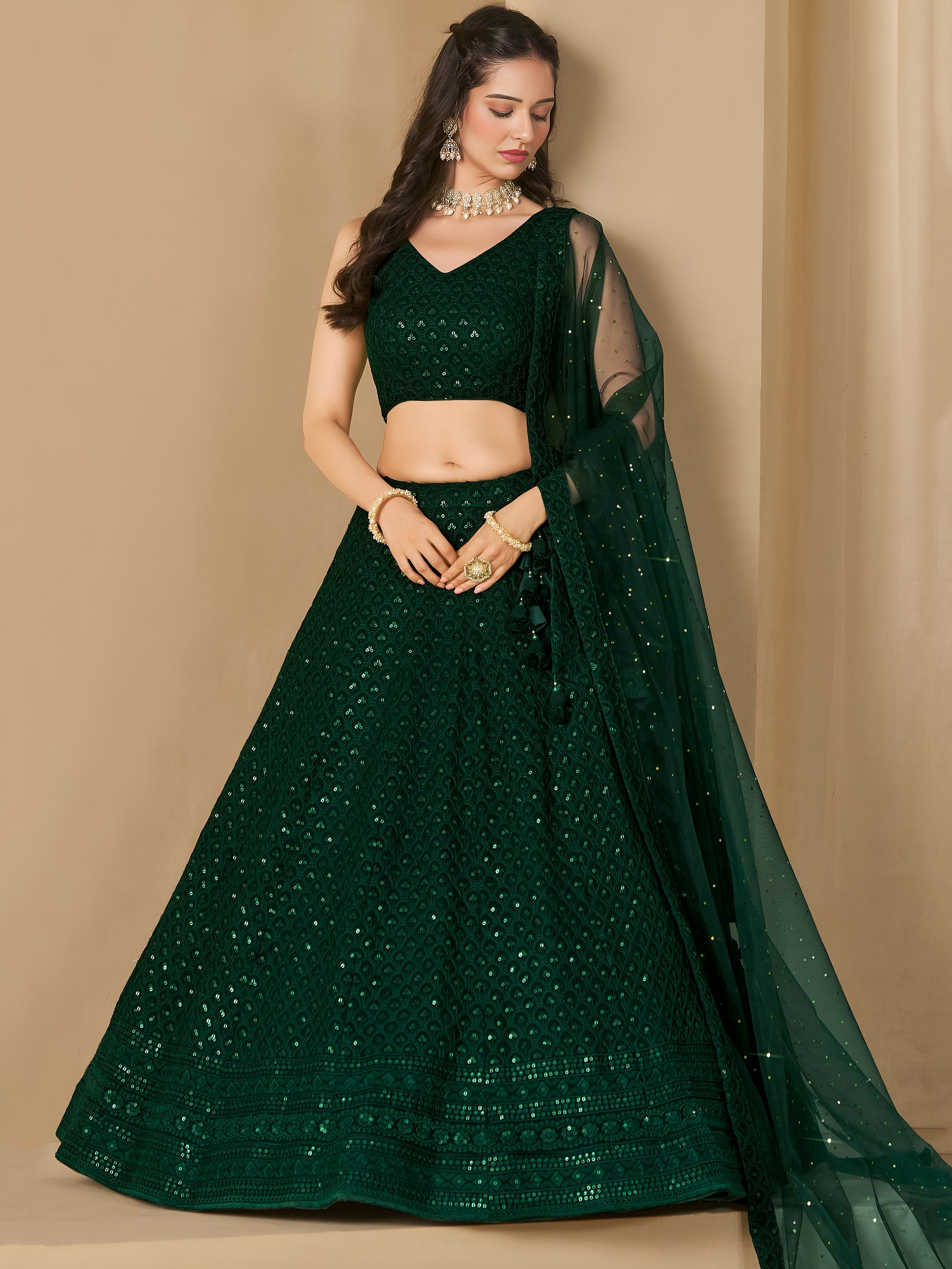 Amazing Bottle Green Sequins Work Georgette Mehendi Wear Lehenga Choli