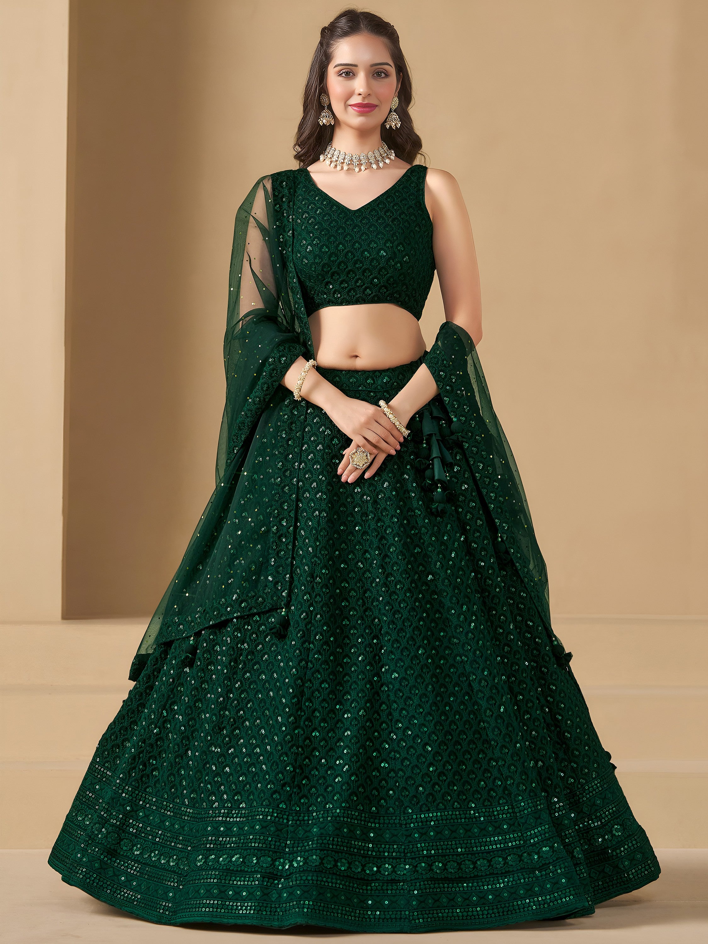 Amazing Bottle Green Sequins Work Georgette Mehendi Wear Lehenga Choli