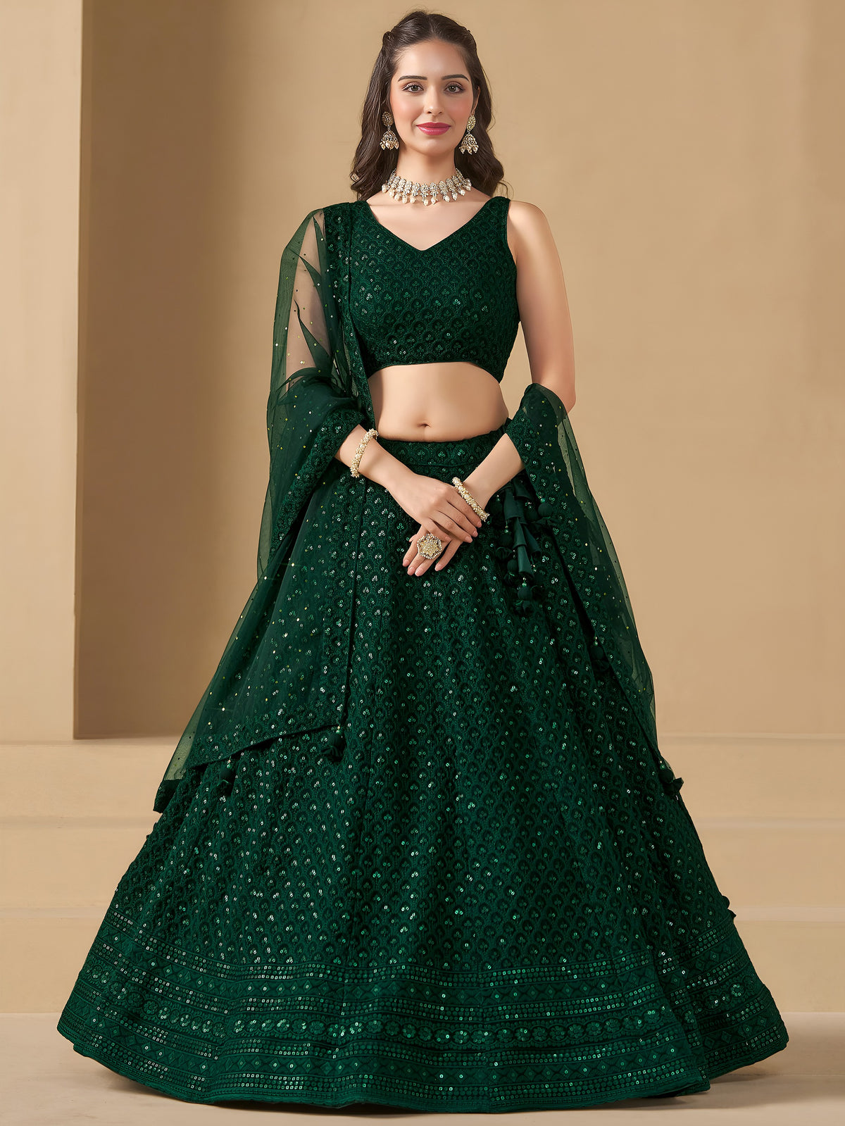 Amazing Bottle Green Sequins Work Georgette Mehendi Wear Lehenga Choli