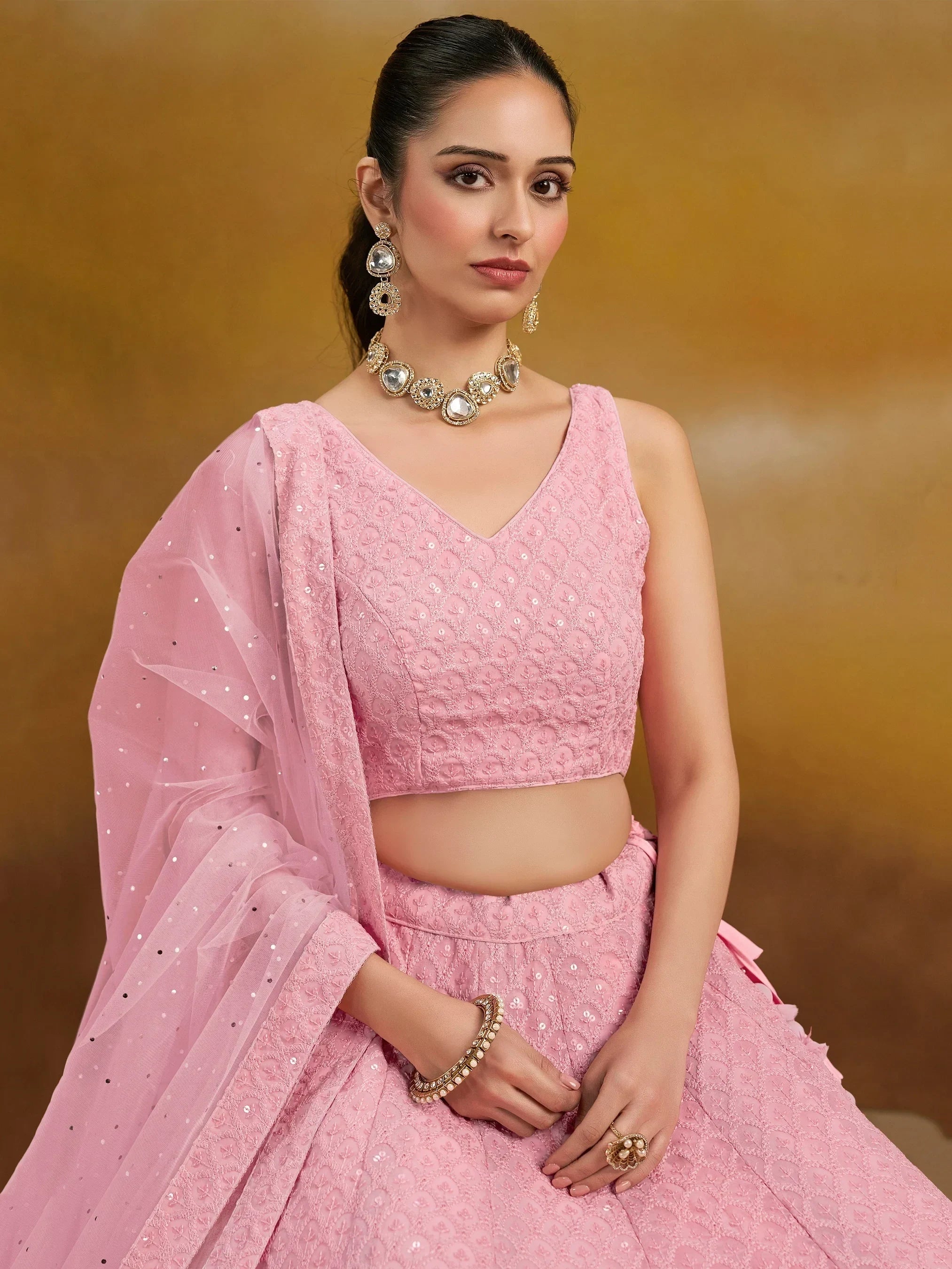 Pink embroidered lehenga choli with sequin dupatta, traditional Indian ethnic wear for weddings and festivals