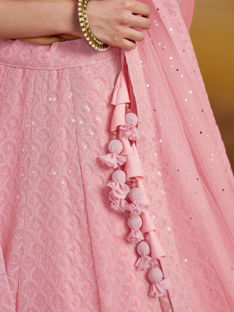 Pretty Pink Thread Work Georgette Bridesmaid Lehenga Choli With Dupatta