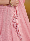 Pretty Pink Thread Work Georgette Bridesmaid Lehenga Choli With Dupatta