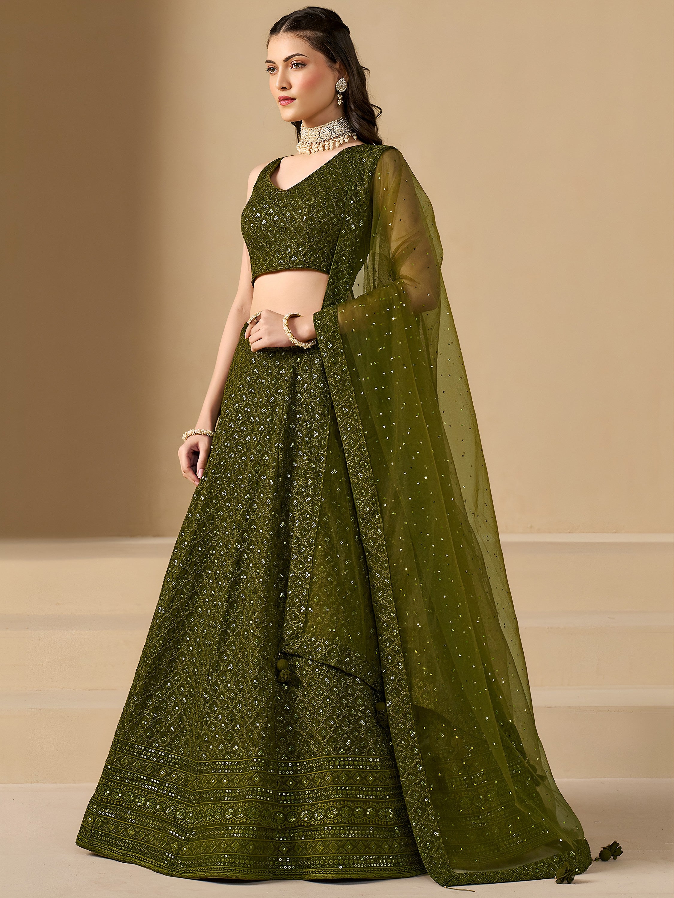 Stunning Mehendi Green Sequins Georgette Monochrome Lehenga Choli