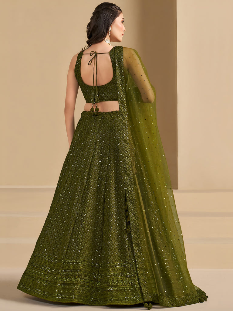 Stunning Mehendi Green Sequins Georgette Monochrome Lehenga Choli
