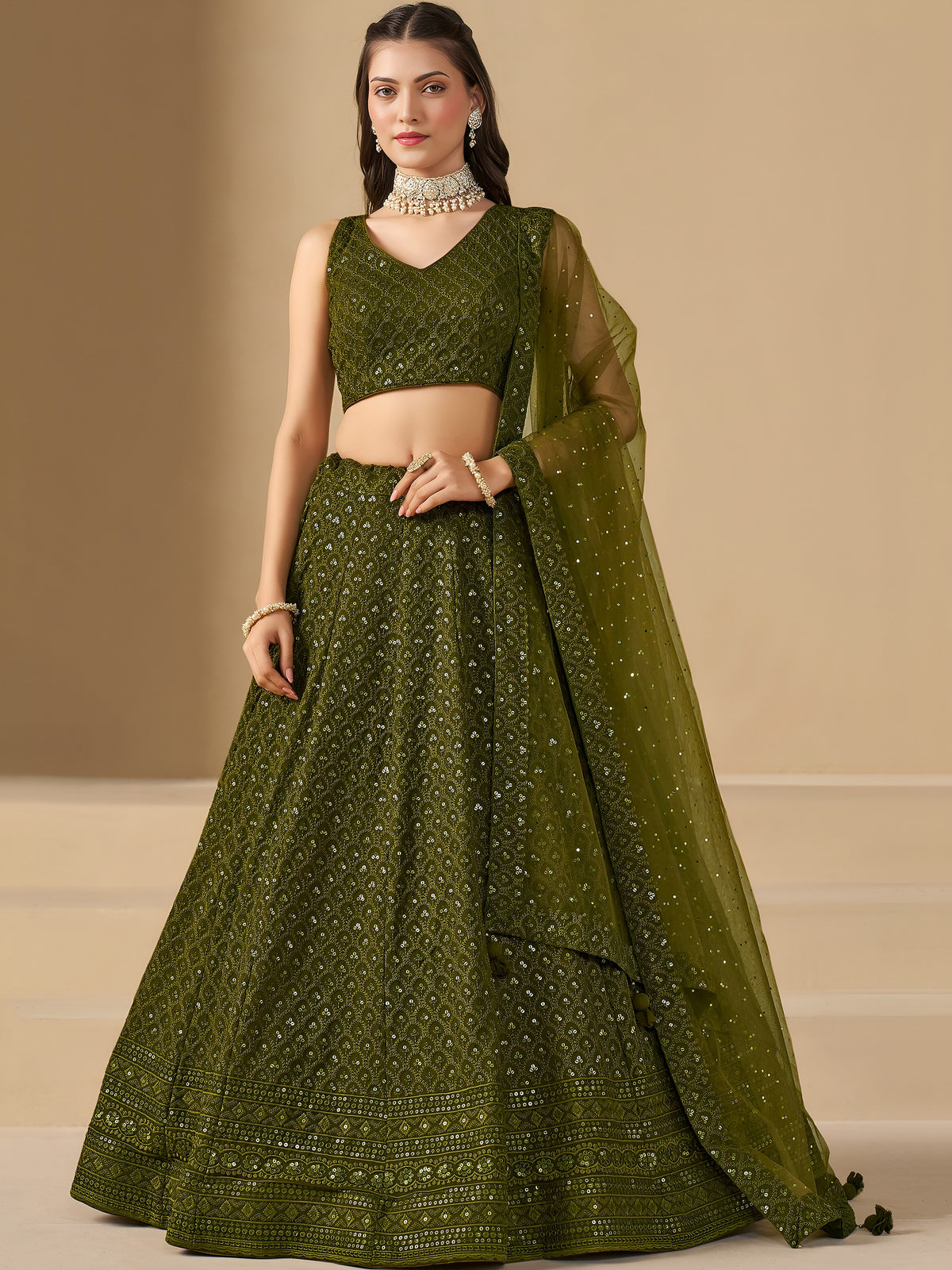 Stunning Mehendi Green Sequins Georgette Monochrome Lehenga Choli