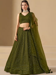 Stunning Mehendi Green Sequins Georgette Monochrome Lehenga Choli