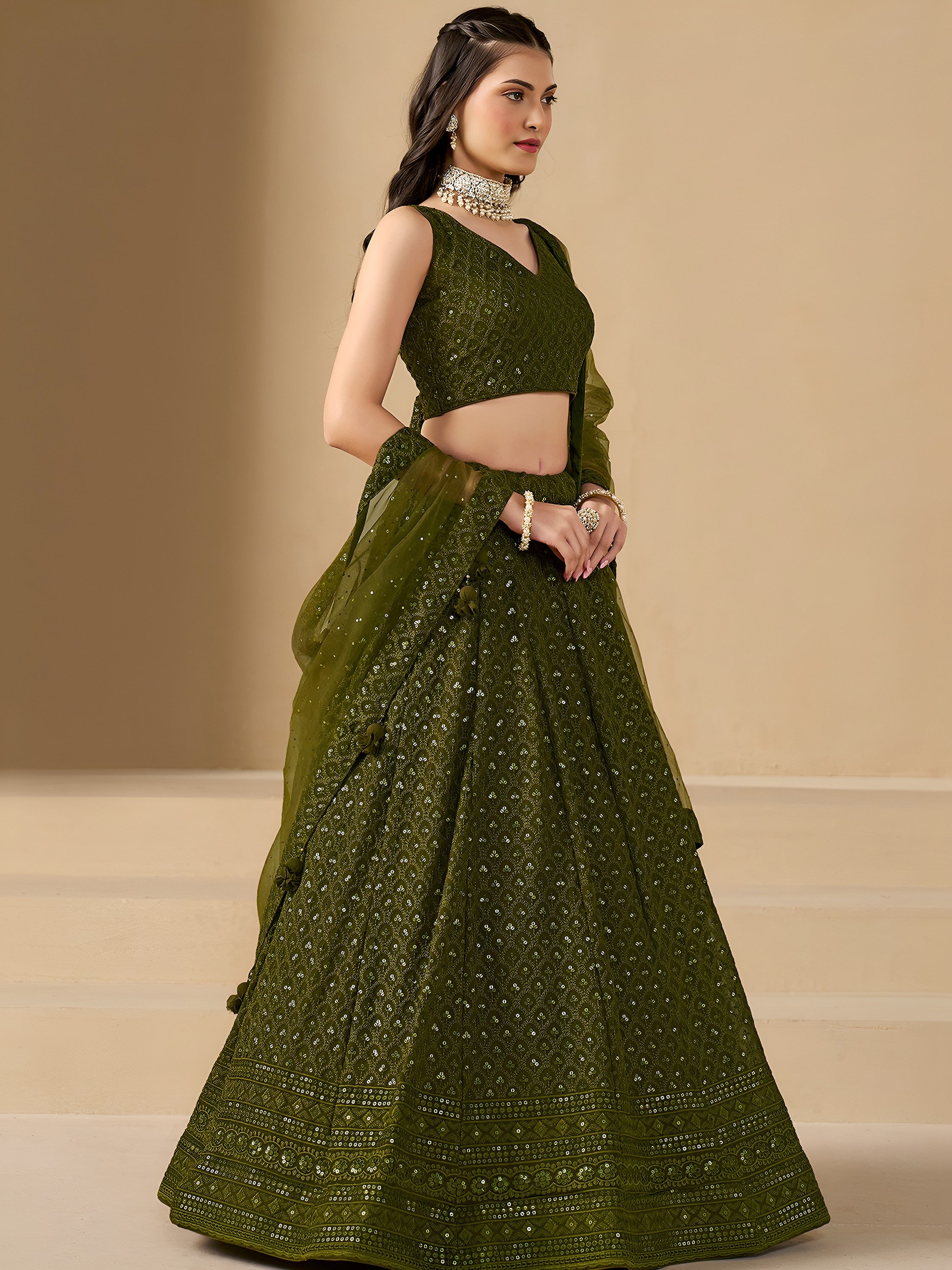 Stunning Mehendi Green Sequins Georgette Monochrome Lehenga Choli