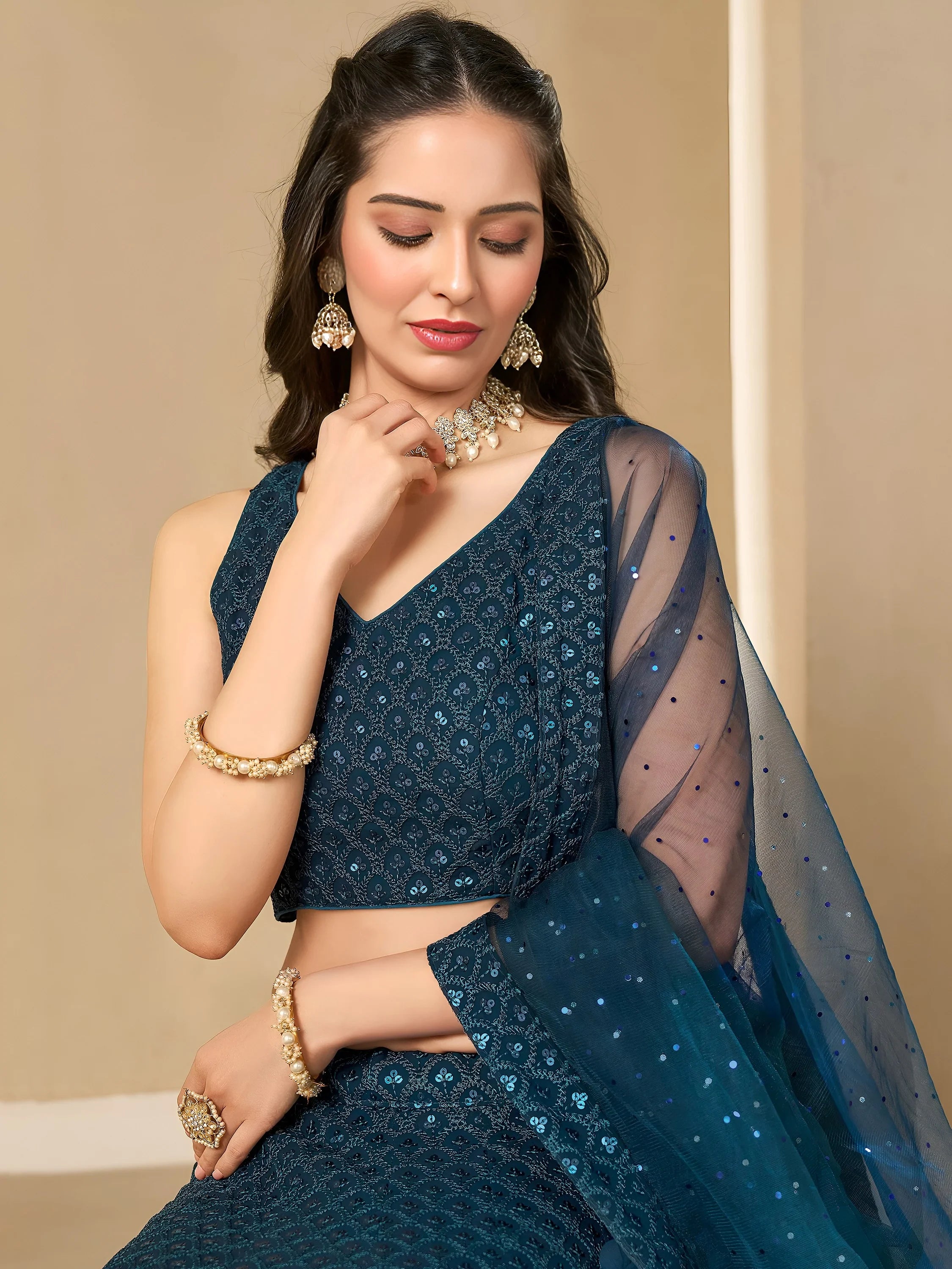 Precious Teal Blue Thread Work Georgette Engagement Wear Lehenga Choli