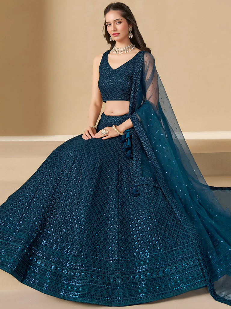 Precious Teal Blue Thread Work Georgette Engagement Wear Lehenga Choli