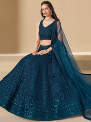 Precious Teal Blue Thread Work Georgette Engagement Wear Lehenga Choli