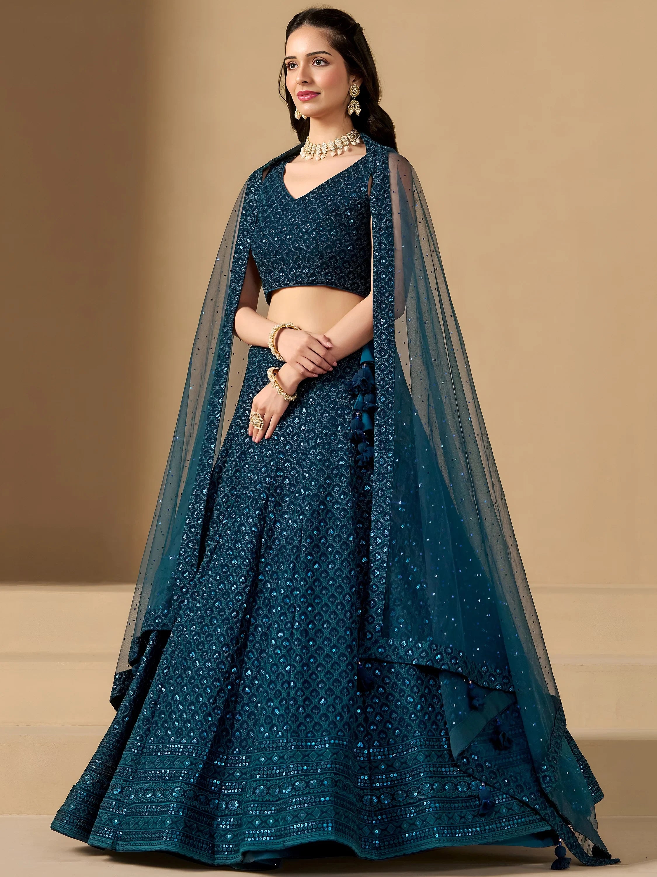 Precious Teal Blue Thread Work Georgette Engagement Wear Lehenga Choli
