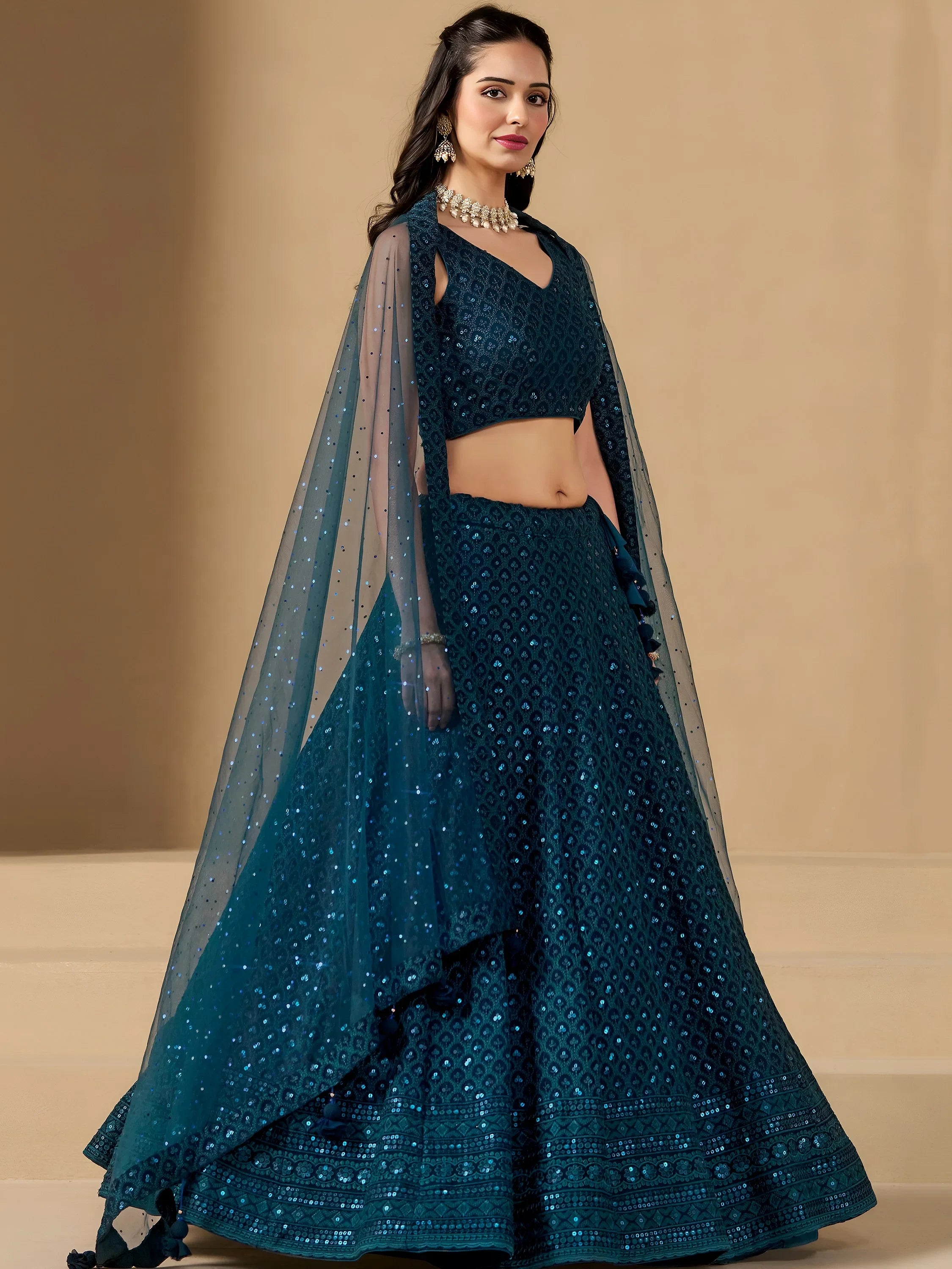 Precious Teal Blue Thread Work Georgette Engagement Wear Lehenga Choli
