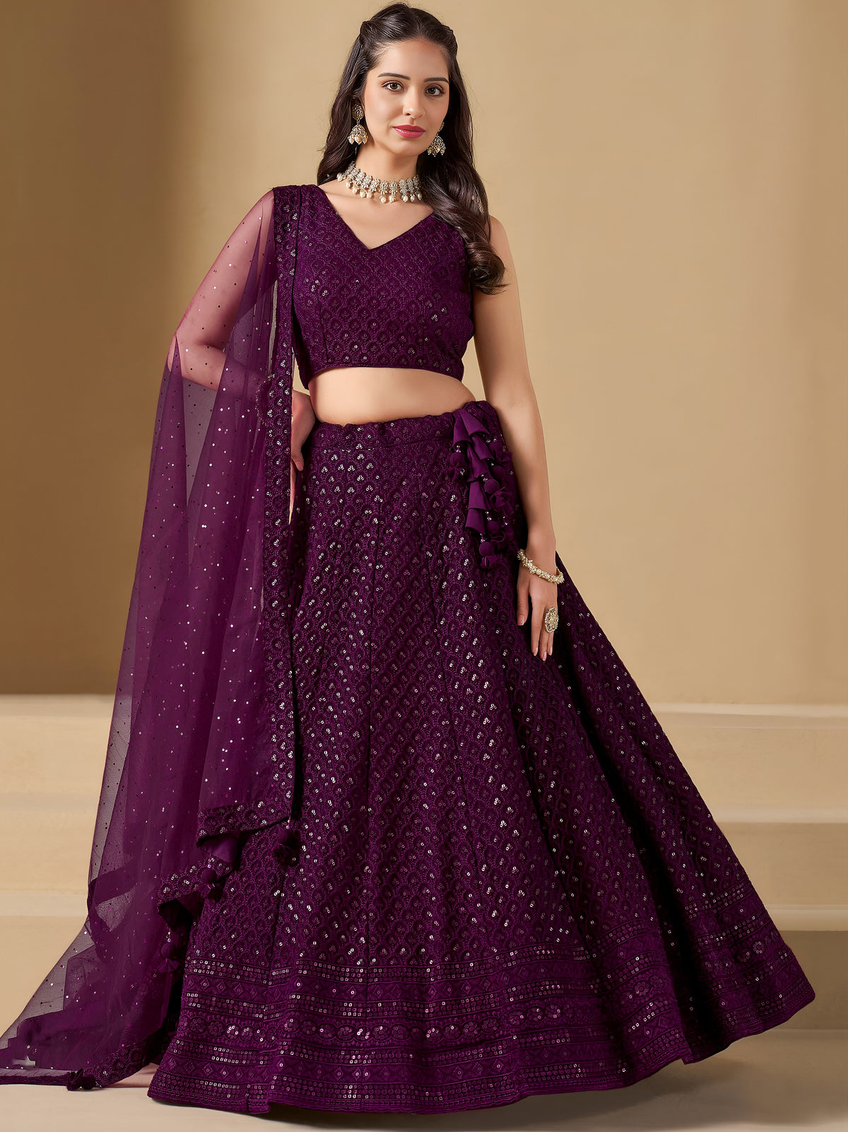 Lovable Wine Thread Embroidery Georgette Reception Wear Lehenga Choli