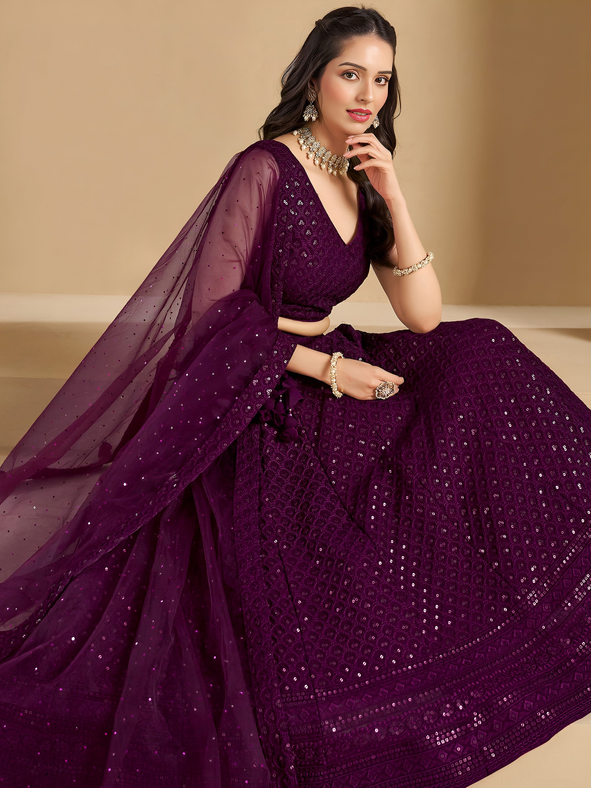 Lovable Wine Thread Embroidery Georgette Reception Wear Lehenga Choli