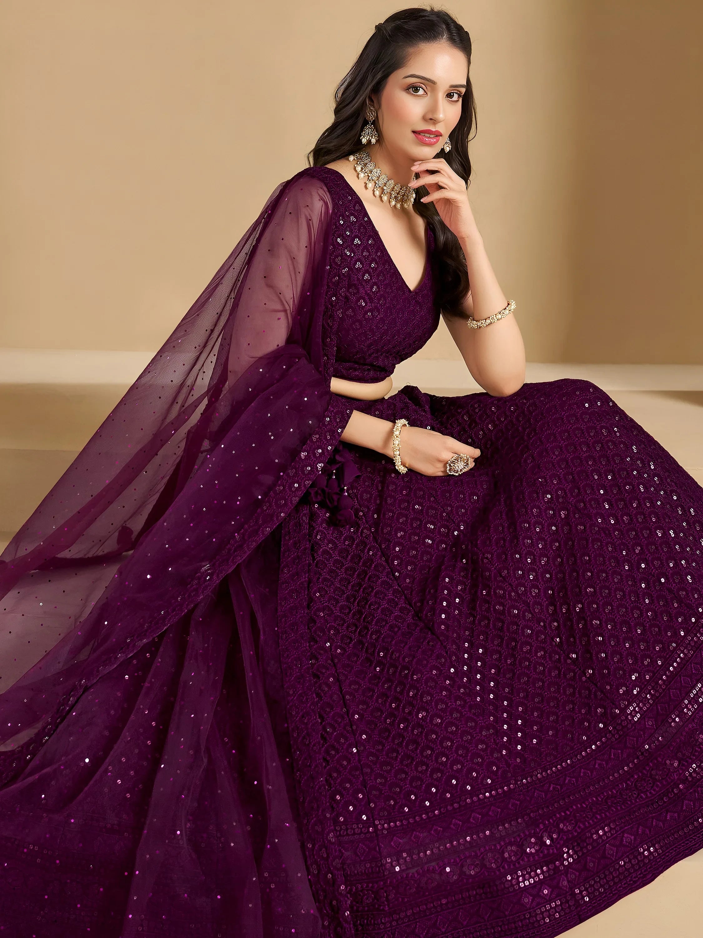 Lovable Wine Thread Embroidery Georgette Reception Wear Lehenga Choli