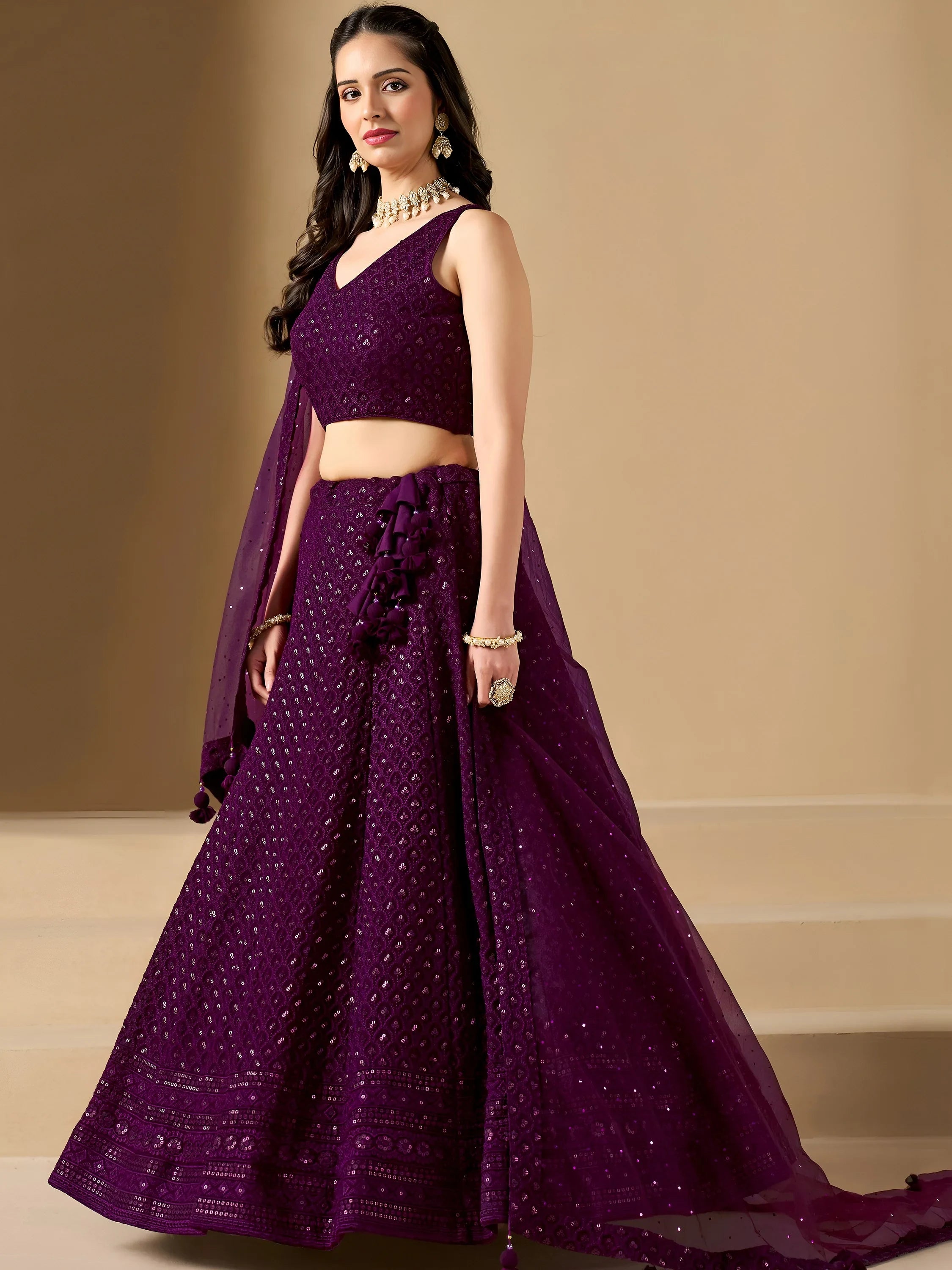 Lovable Wine Thread Embroidery Georgette Reception Wear Lehenga Choli