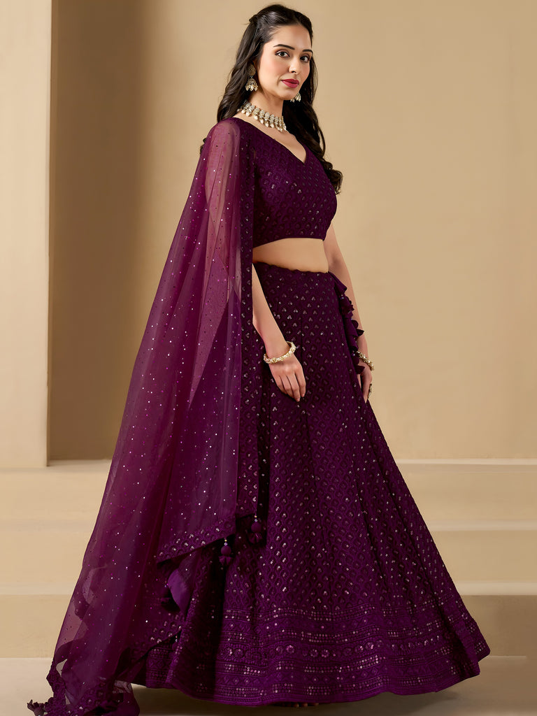 Lovable Wine Thread Embroidery Georgette Reception Wear Lehenga Choli