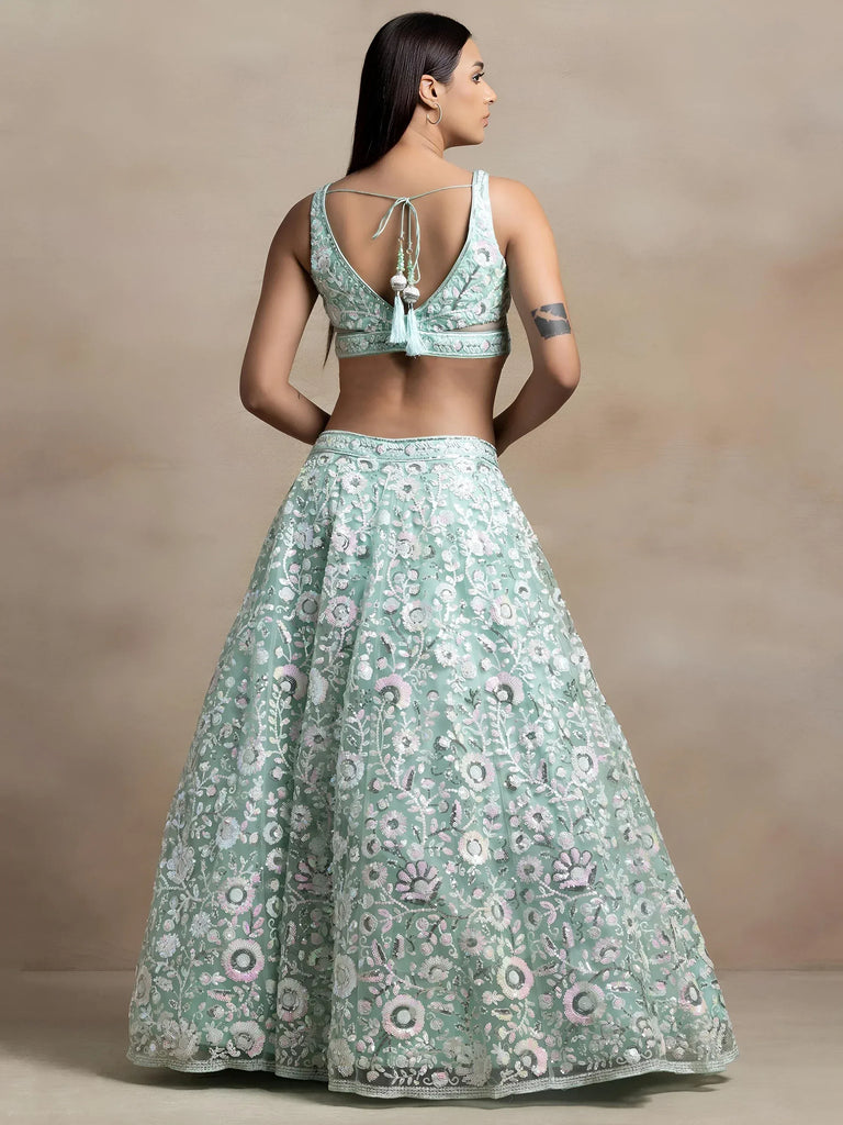 Attractive Blue Sequins Net Designer Lehenga Choli With Dupatta