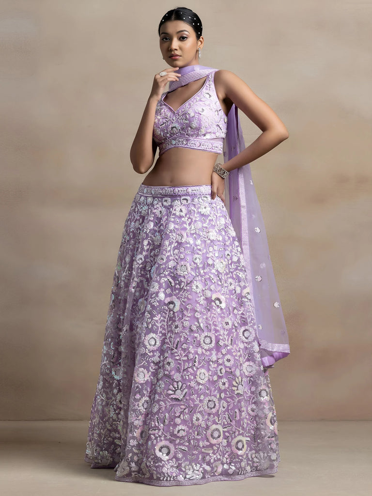 Adorable Lavender Sequins Net Bridesmaid Lehenga Choli With Dupatta