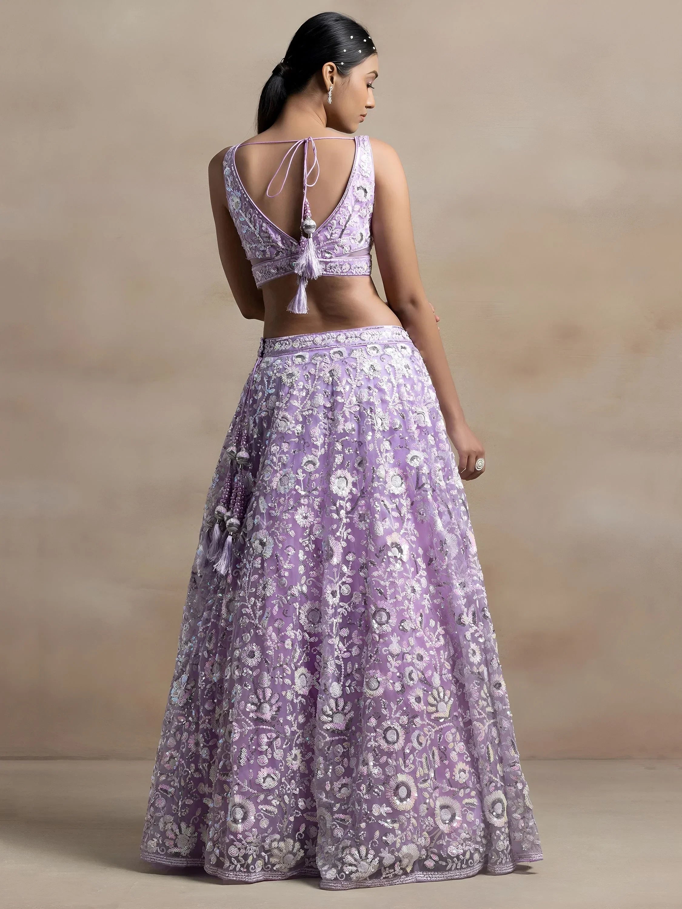 Adorable Lavender Sequins Net Bridesmaid Lehenga Choli With Dupatta