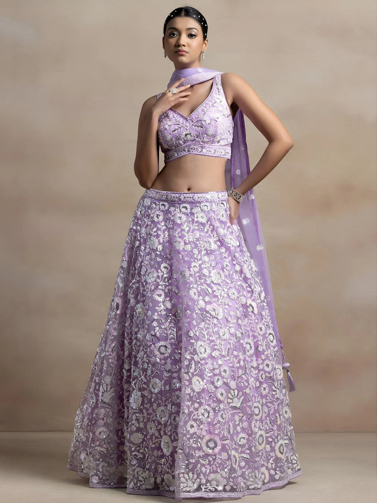 Adorable Lavender Sequins Net Bridesmaid Lehenga Choli With Dupatta