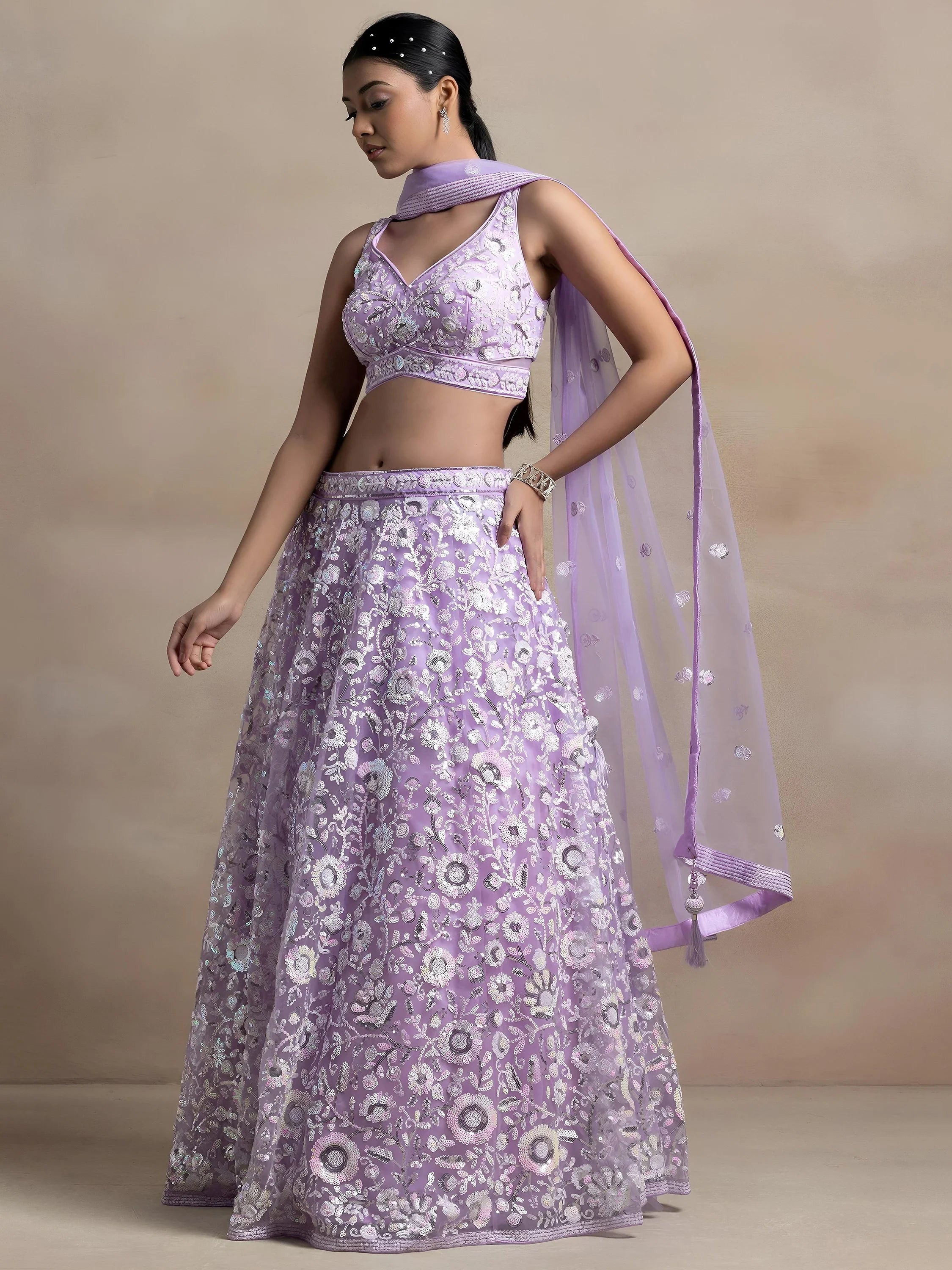 Adorable Lavender Sequins Net Bridesmaid Lehenga Choli With Dupatta