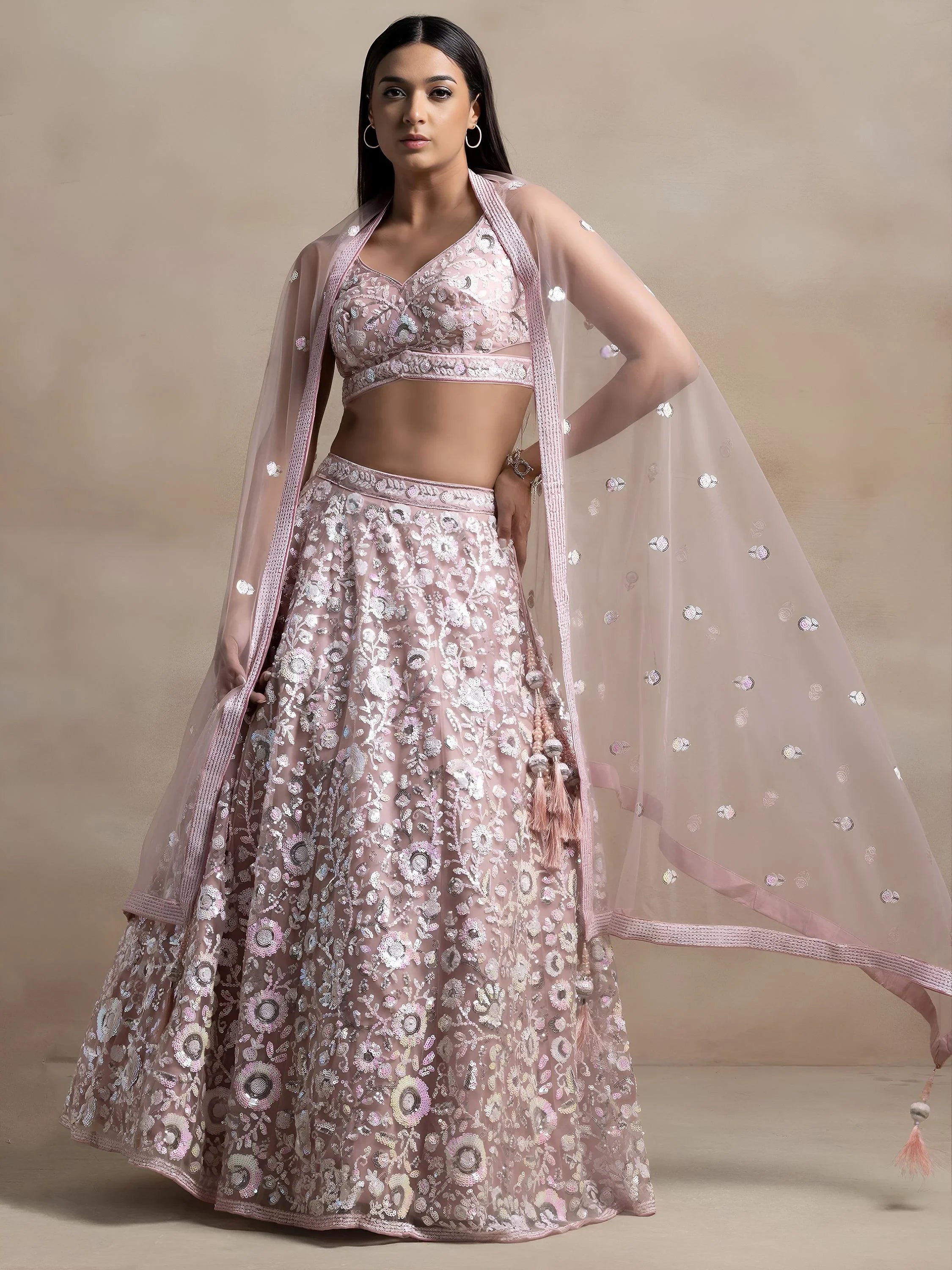 Precious Pink Sequins Net Engagement Wear Lehenga Choli With Dupatta