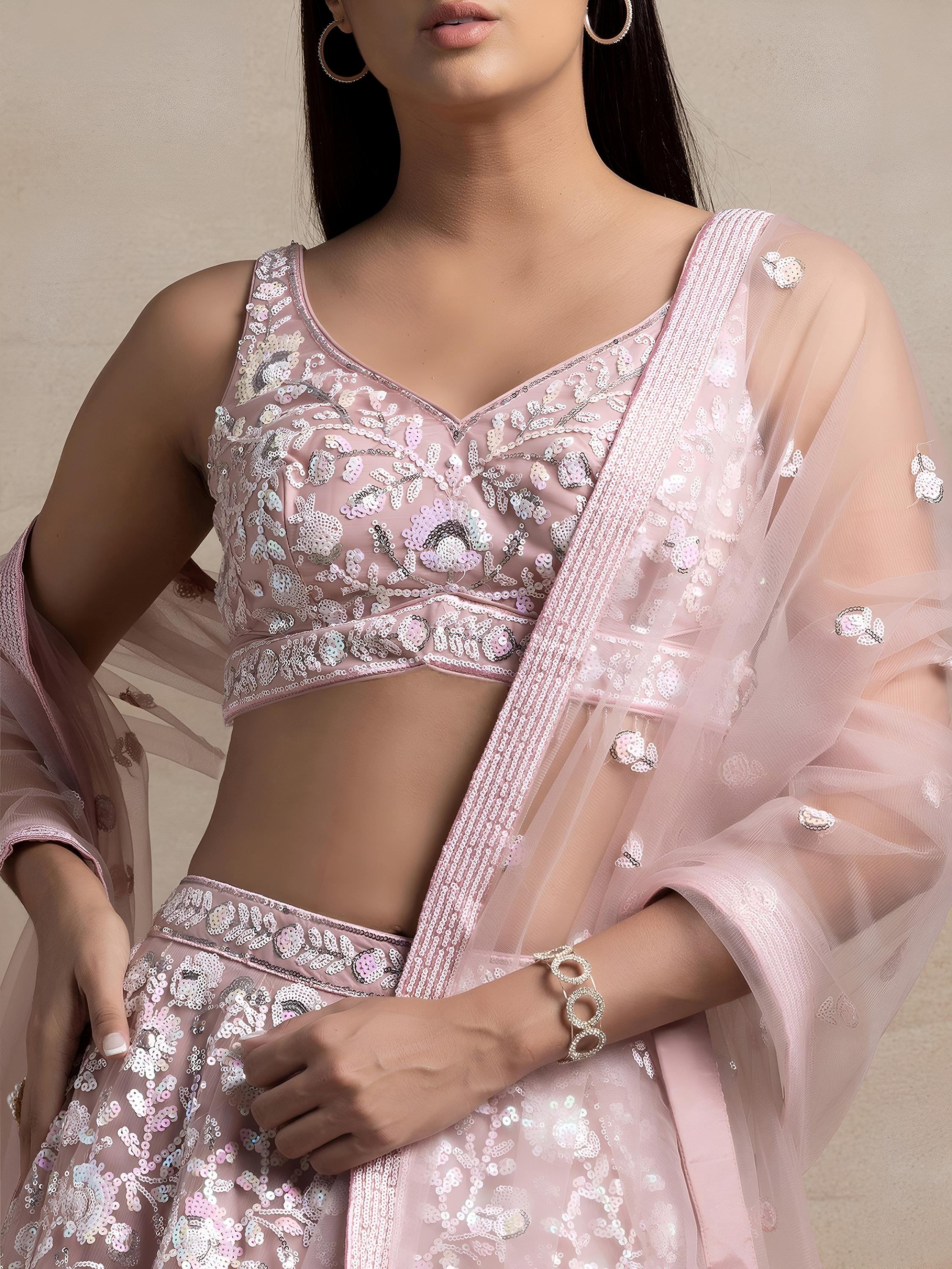 Precious Pink Sequins Net Engagement Wear Lehenga Choli With Dupatta