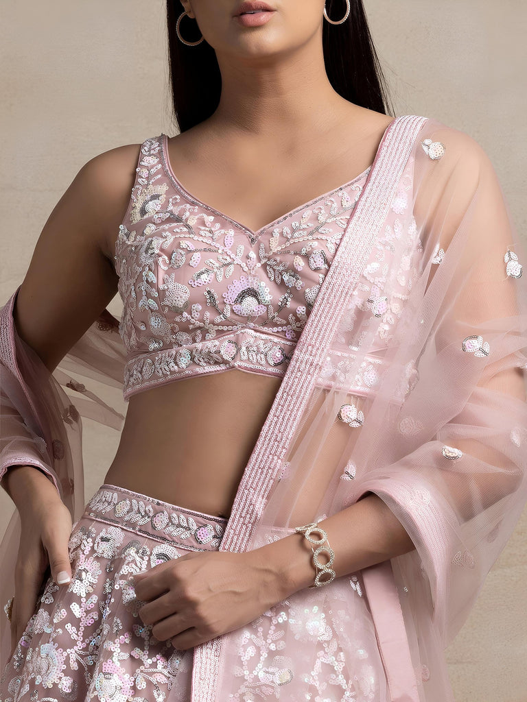 Precious Pink Sequins Net Engagement Wear Lehenga Choli With Dupatta