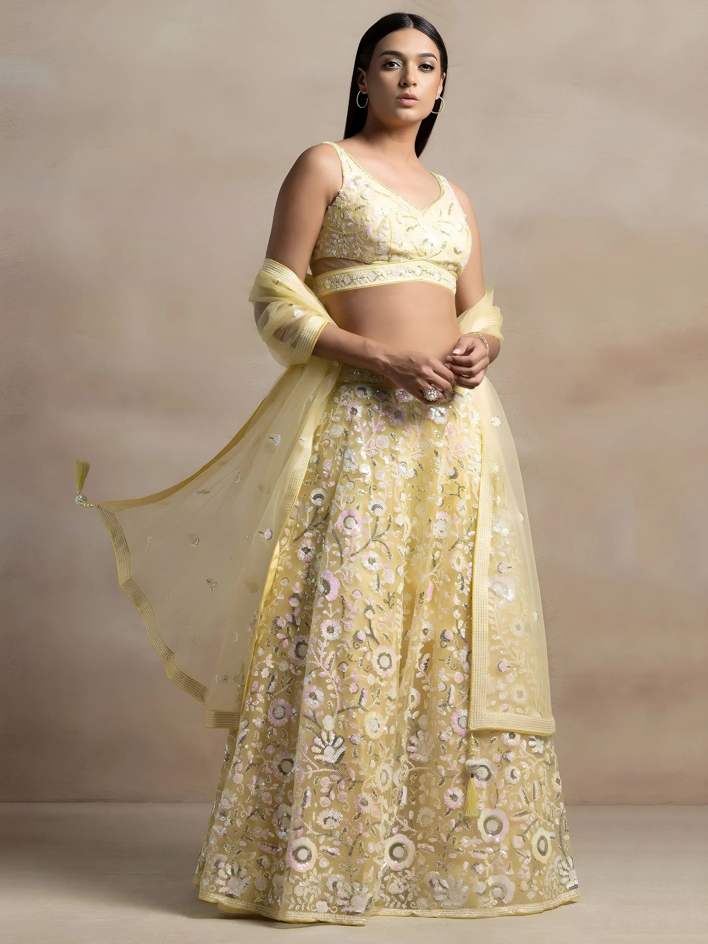 Beautiful Yellow Sequins Net Party Wear Lehenga Choli With Dupatta