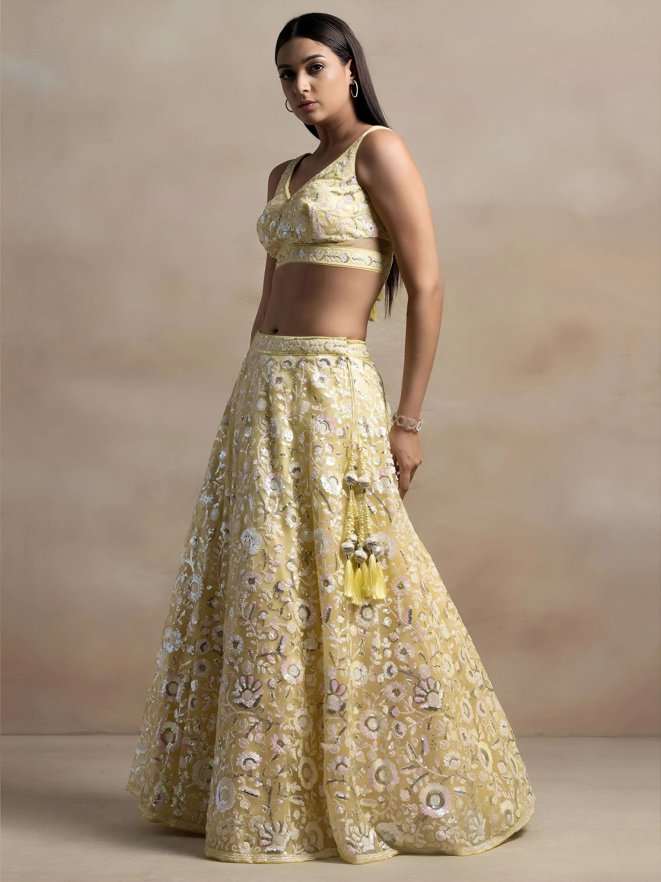 Beautiful Yellow Sequins Net Party Wear Lehenga Choli With Dupatta