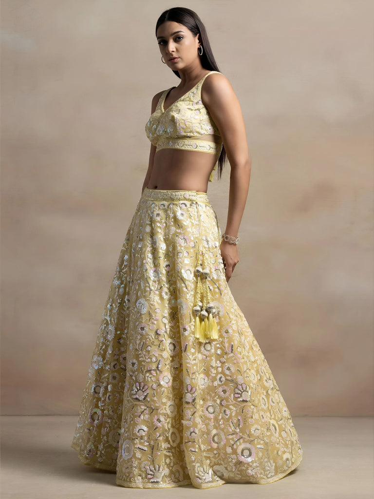 Beautiful Yellow Sequins Net Party Wear Lehenga Choli With Dupatta
