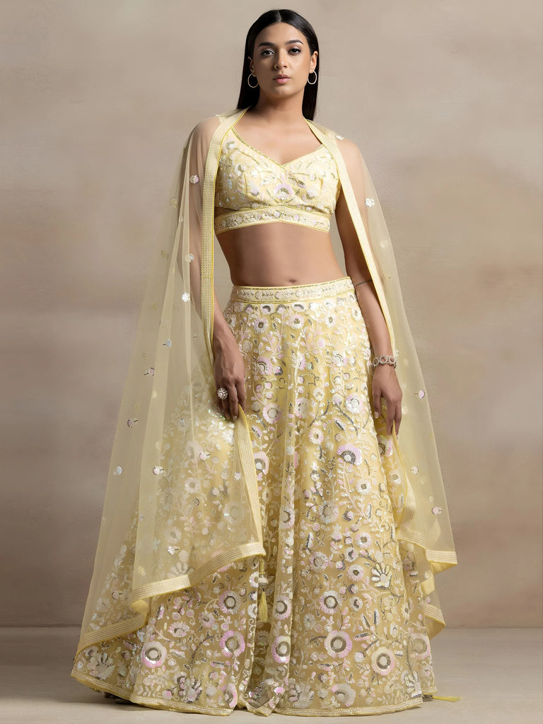 Beautiful Yellow Sequins Net Party Wear Lehenga Choli With Dupatta