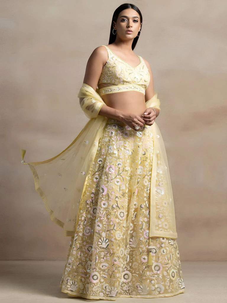 Beautiful Yellow Sequins Net Party Wear Lehenga Choli With Dupatta