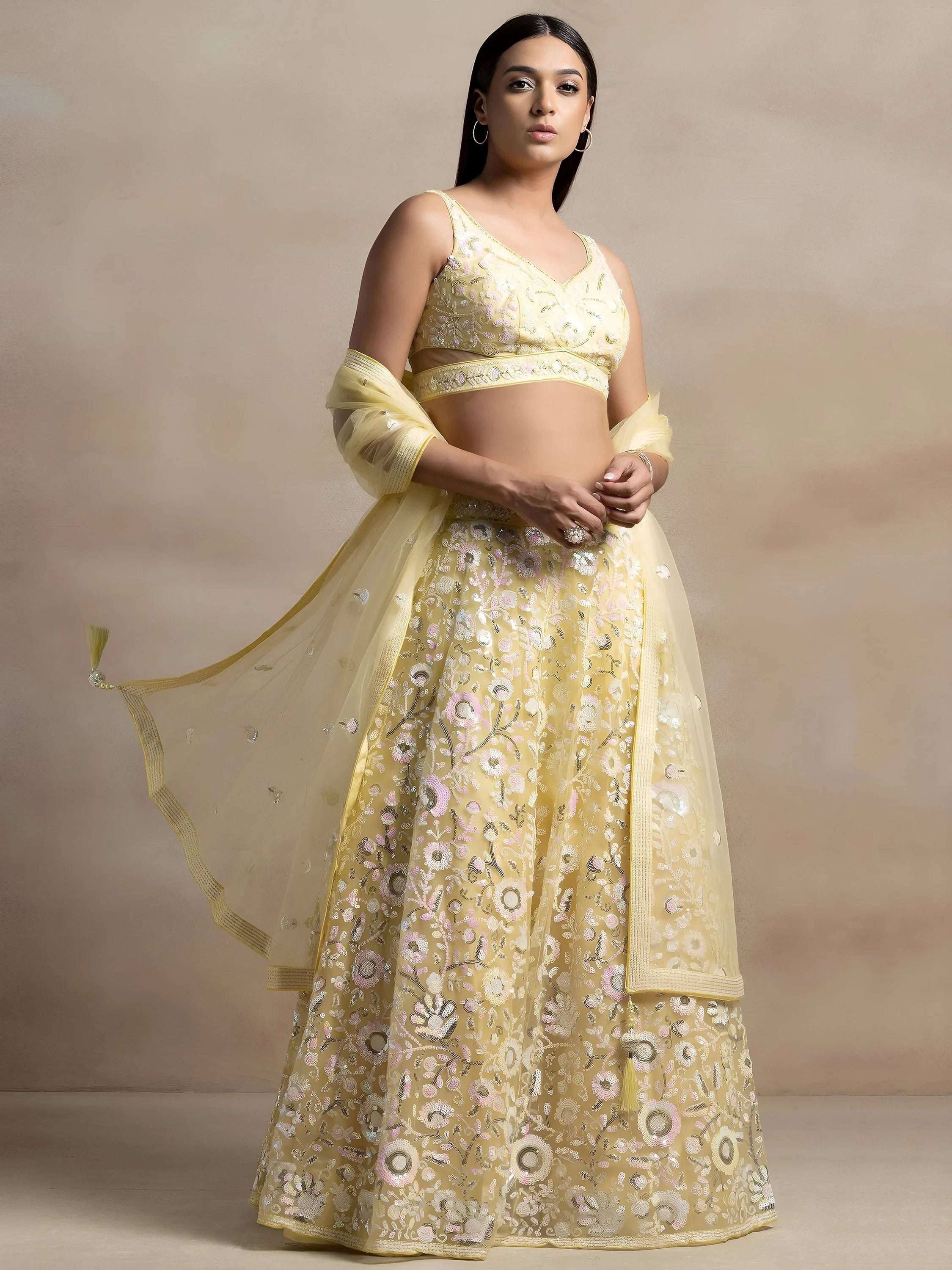 Beautiful Yellow Sequins Net Party Wear Lehenga Choli With Dupatta