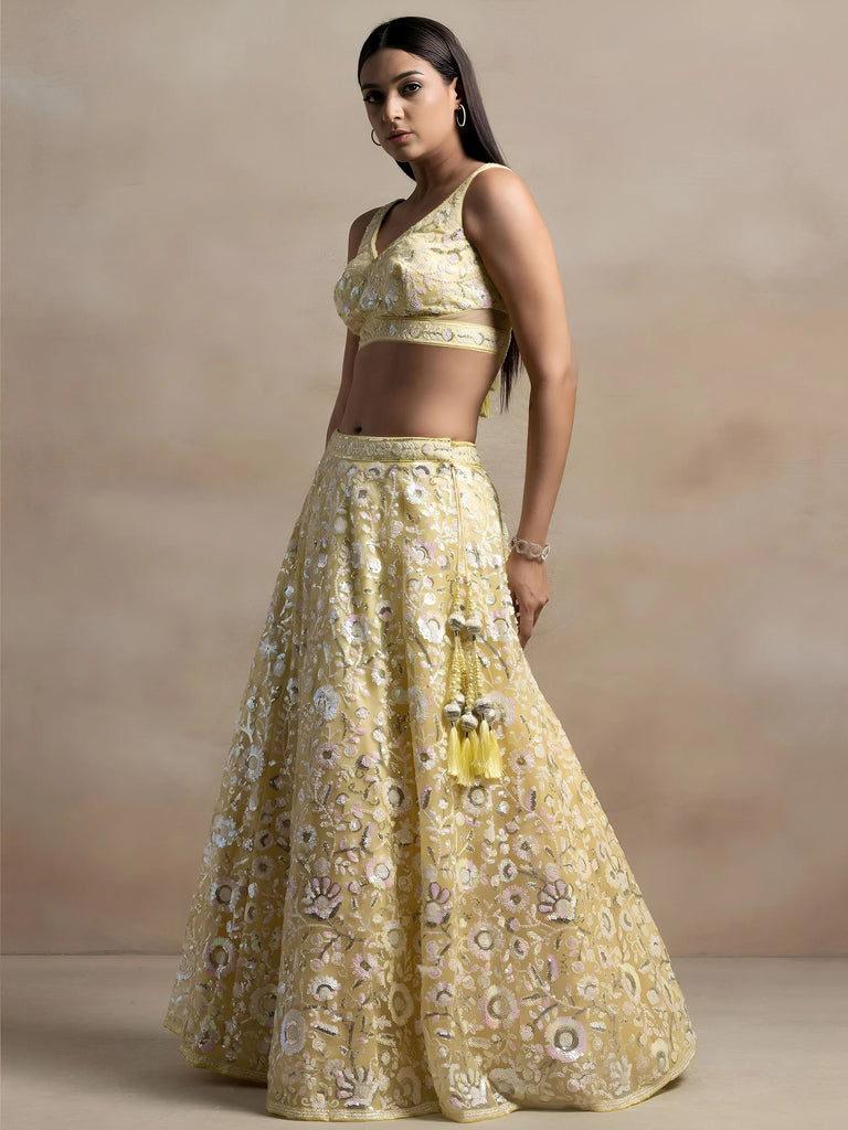 Beautiful Yellow Sequins Net Party Wear Lehenga Choli With Dupatta